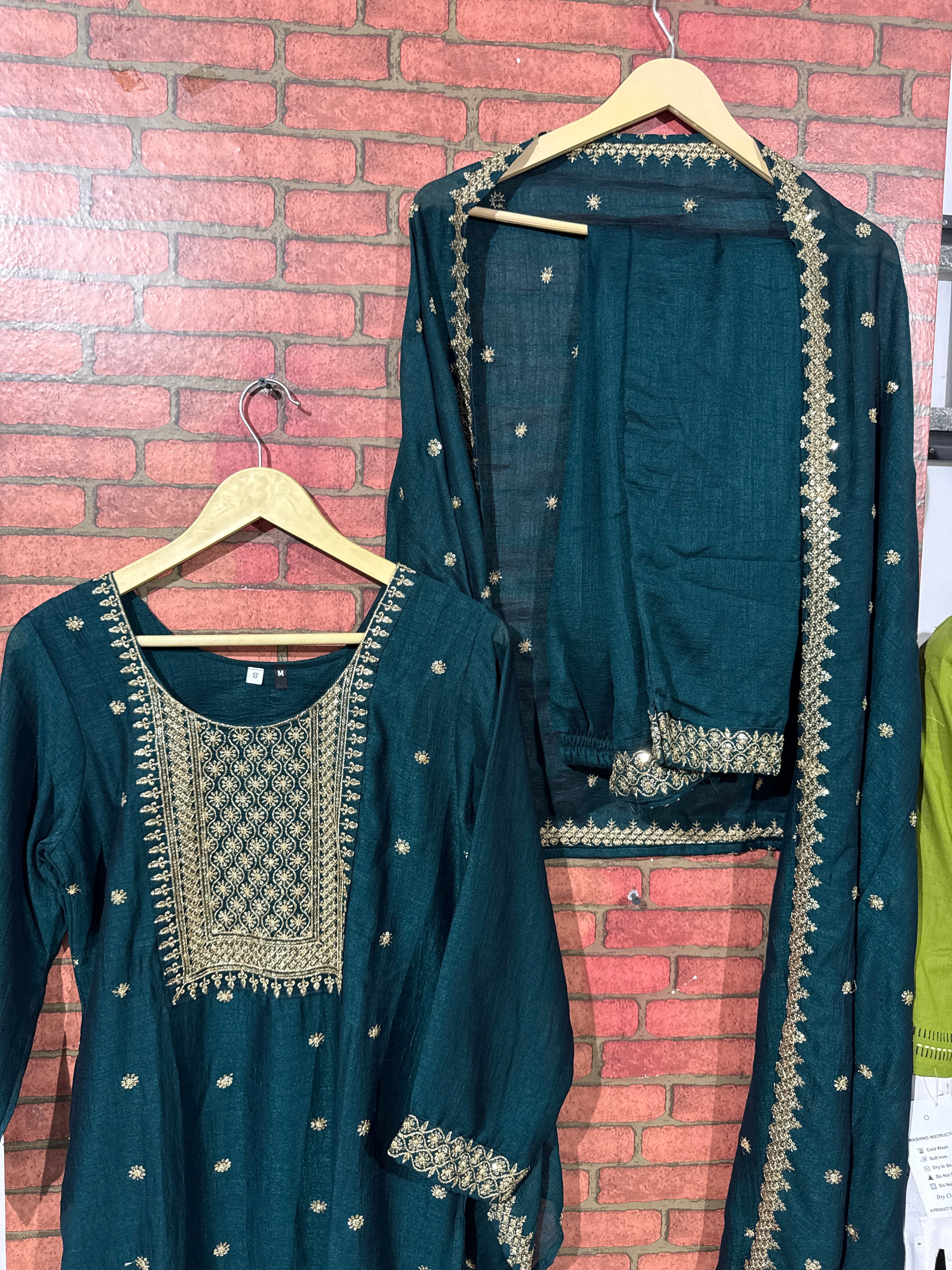 Green Embroidered Set | Vichitra Silk | With lining| Heavy Embroidered Duppata
