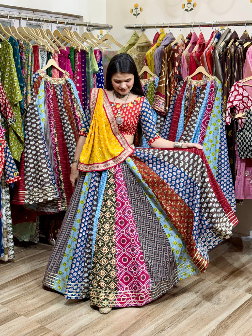 Garba Skirt| Cotton Block Printed Fabric| With inner| Gota pattiwork | 9-10 meters flair