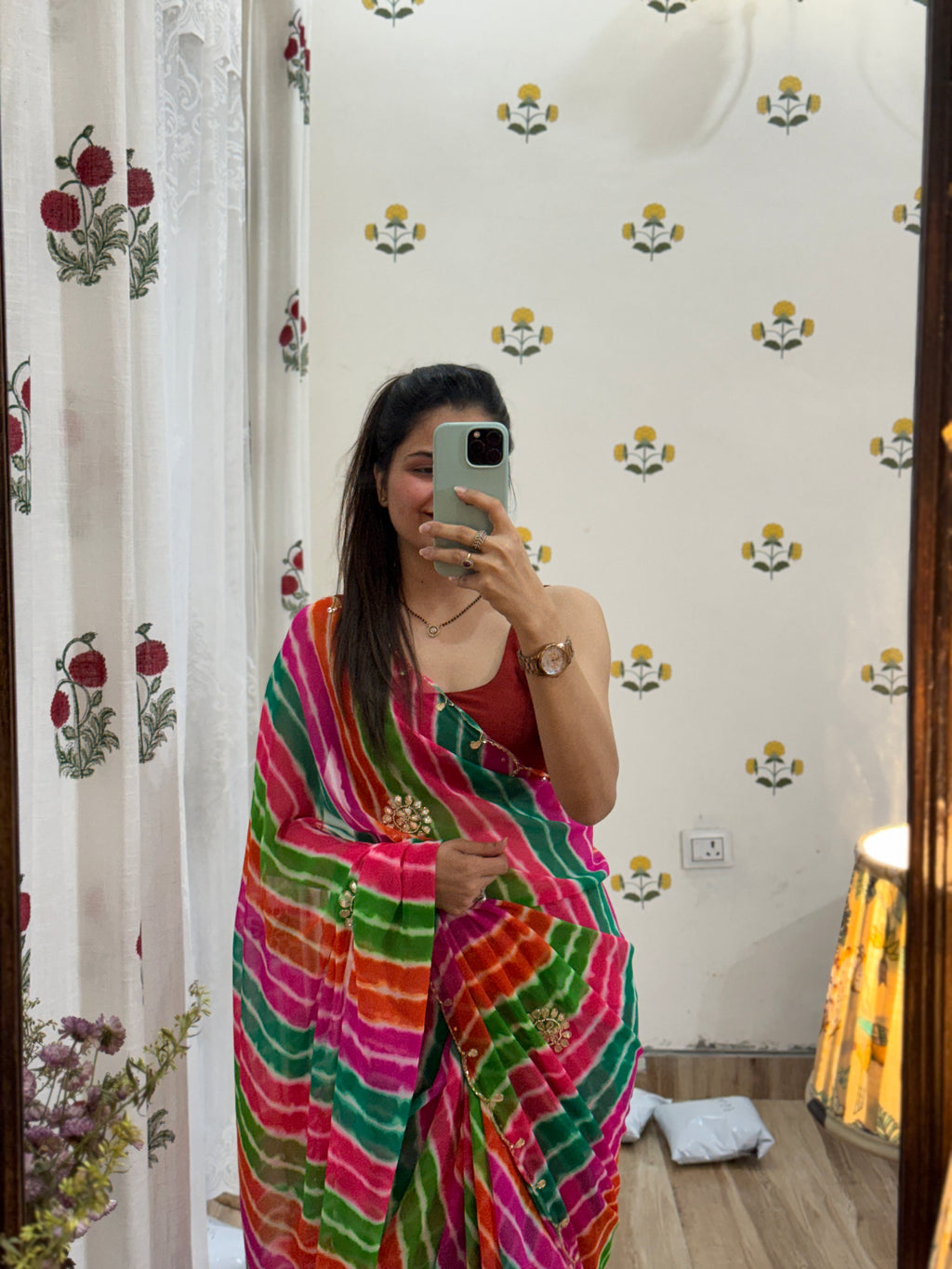 Pachranga Leheriya Pure Georgette Saree | Cutdana Handwork | With blouse