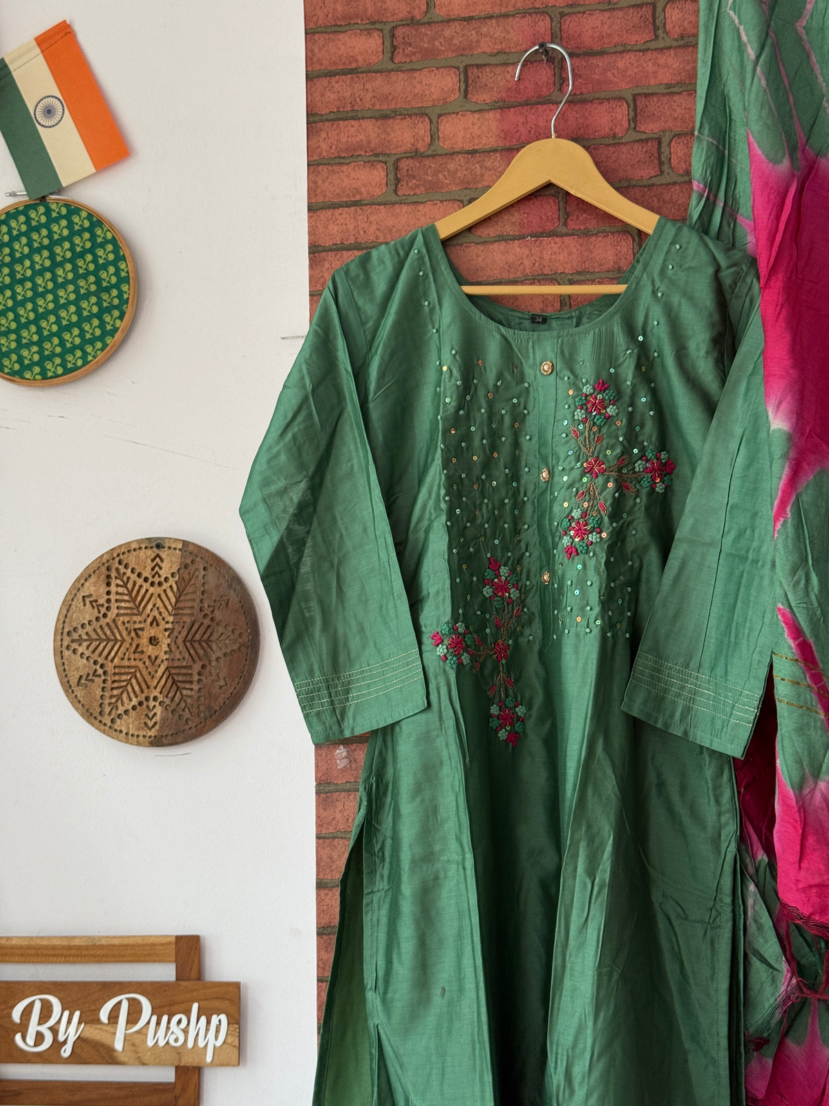 Pink - Green Suit |Cotton Silk | Embroidered
