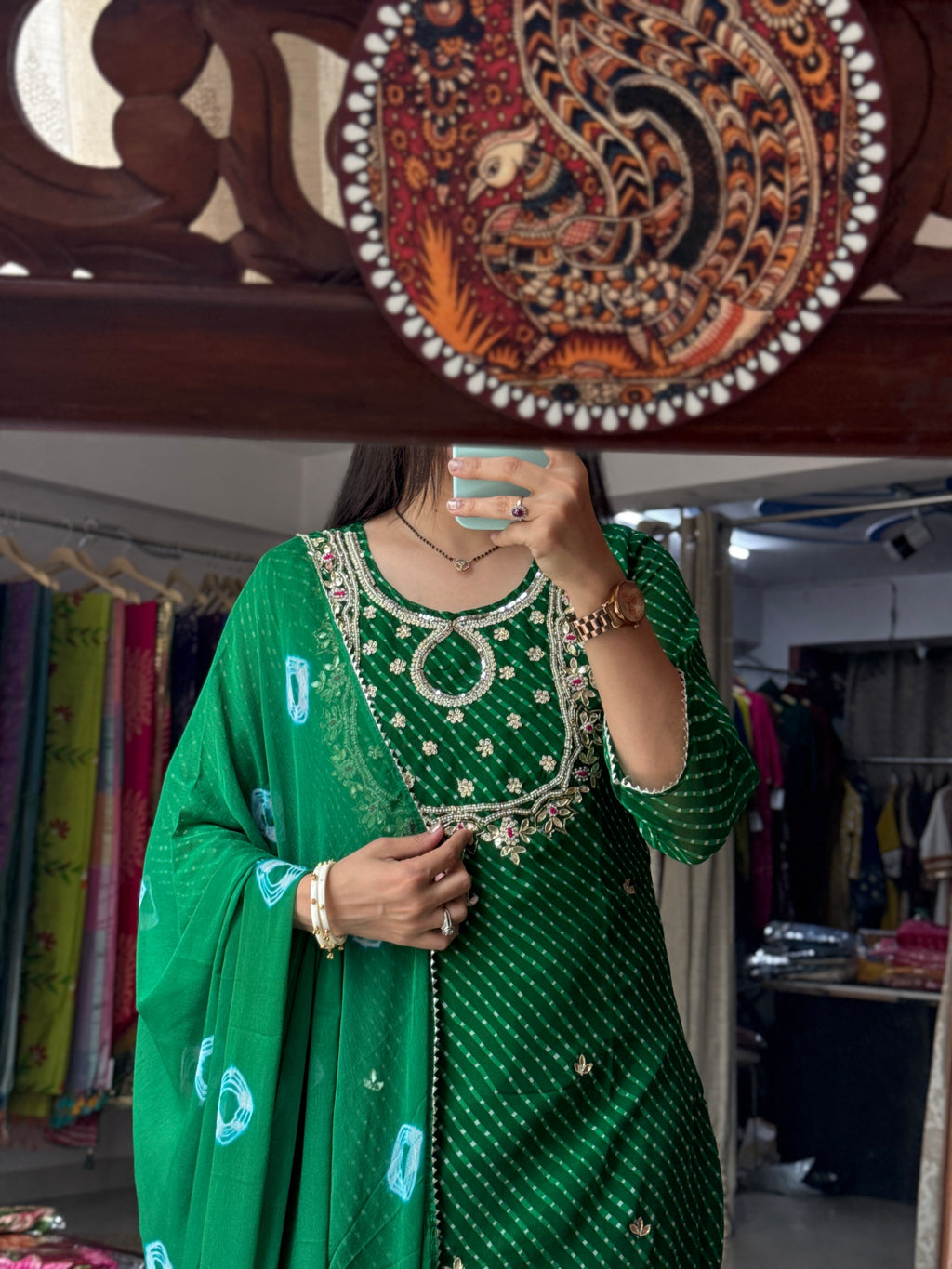 Green Leheriya Suit Set for Women | Printed Ethnic Suit with Dupatta| Hand Embroidery| With lining|Georgette with chiffon Duppata