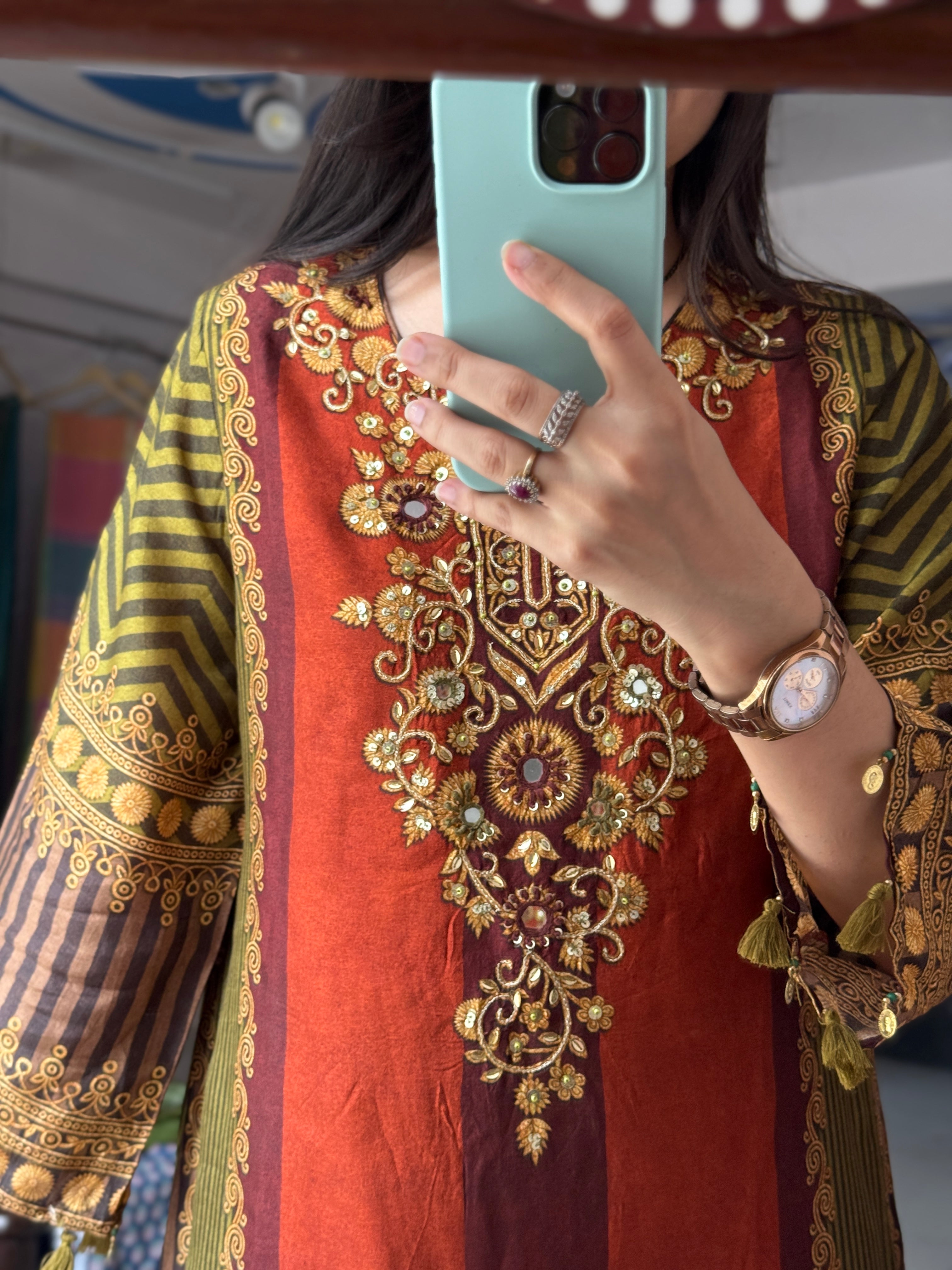 Beautiful Kurta Set with palzo pant and Duppata| Cotton lining| Hand embroidered| Muslin Fabric
