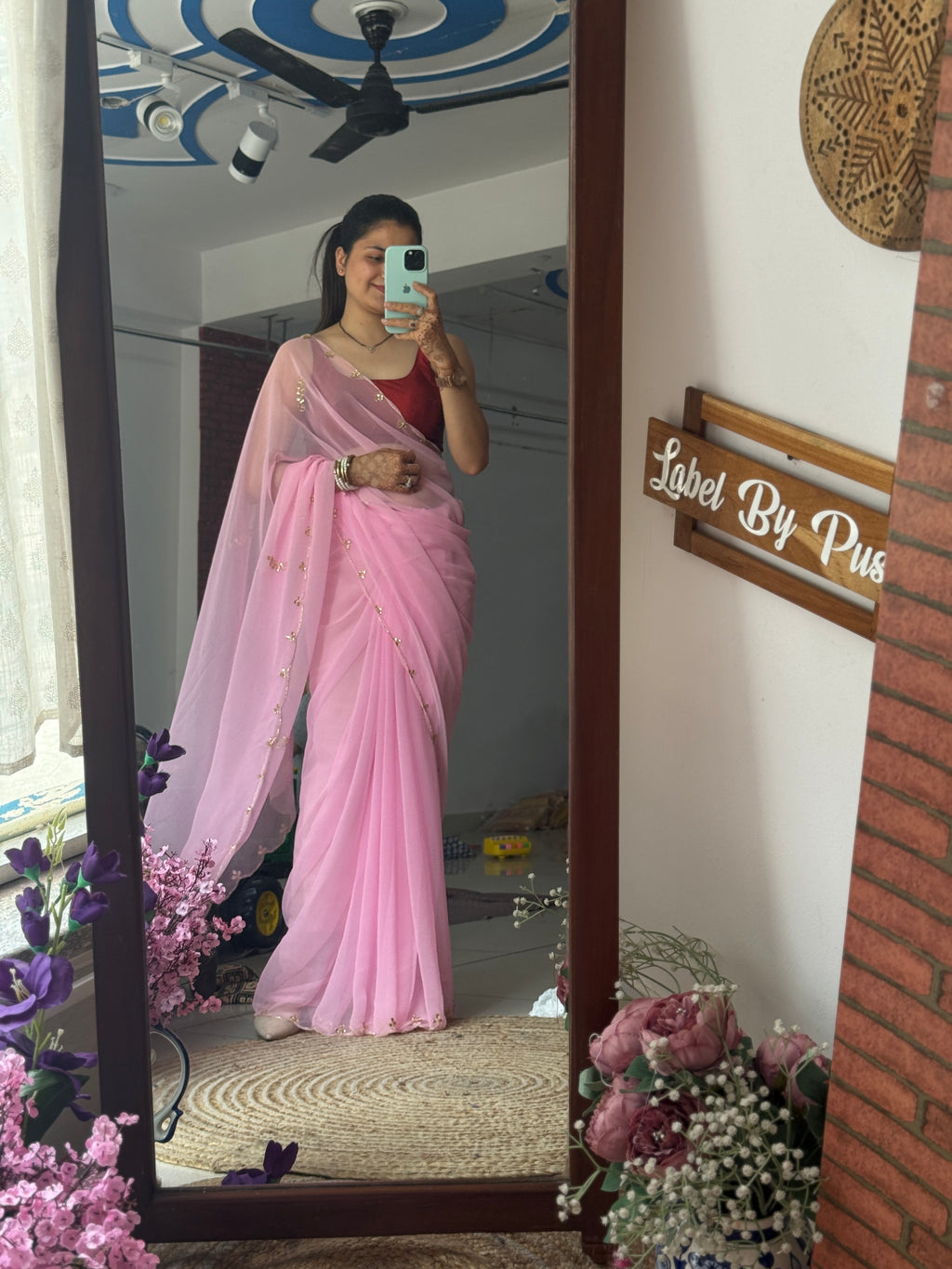 Baby Pink Pure Georgette Saree| Handwork cutdana detailing| With blouse