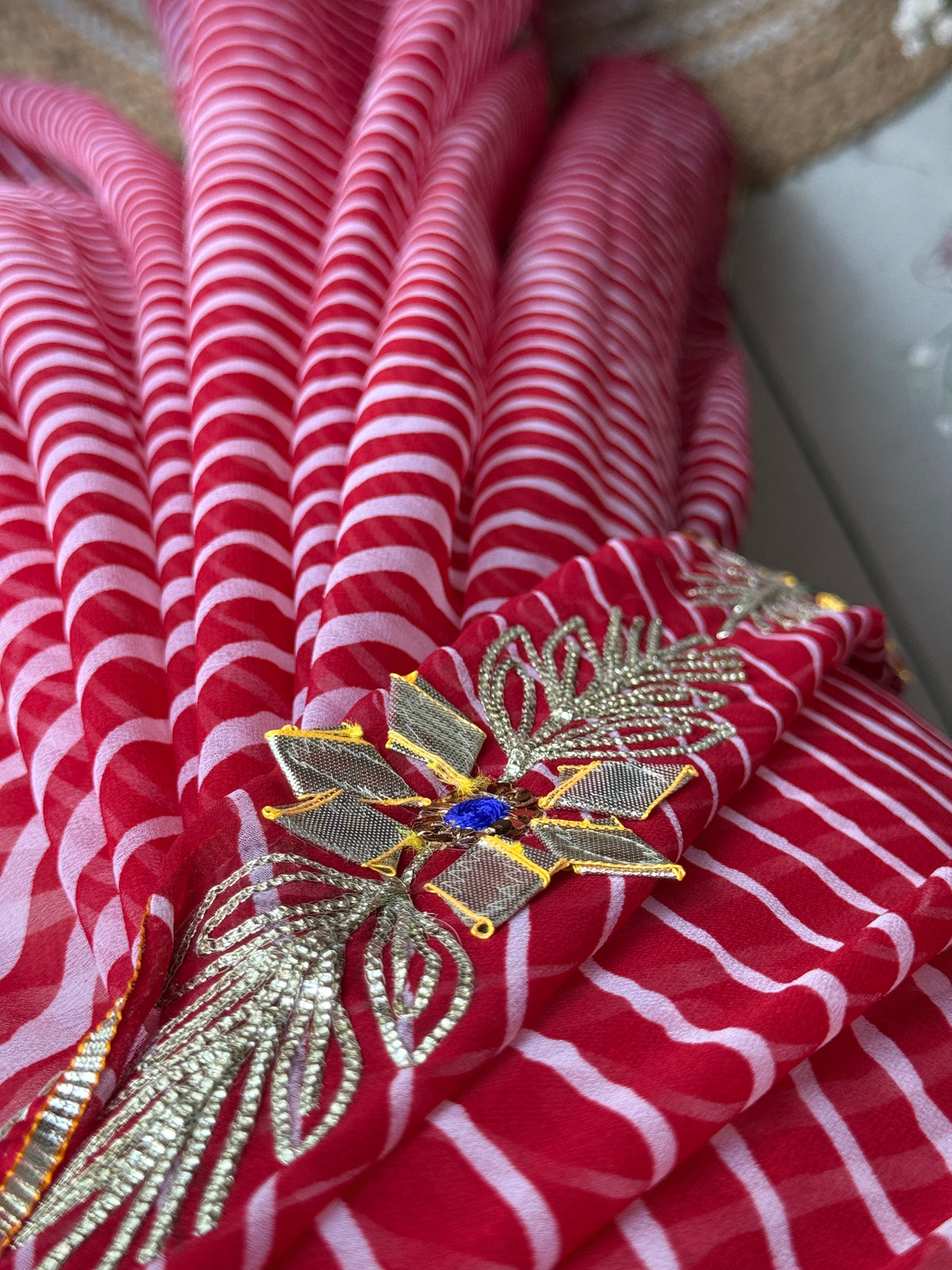Marron Leheriya|Kaccha Gota work| With blouse| Chiffon