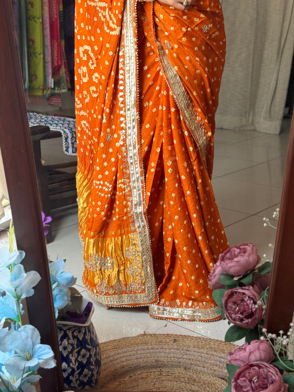 Golden Rust Pure Gaji Silk Bandhani Saree with Gotta Patti Handwork|Comes with blouse | Premium Handwork Saree