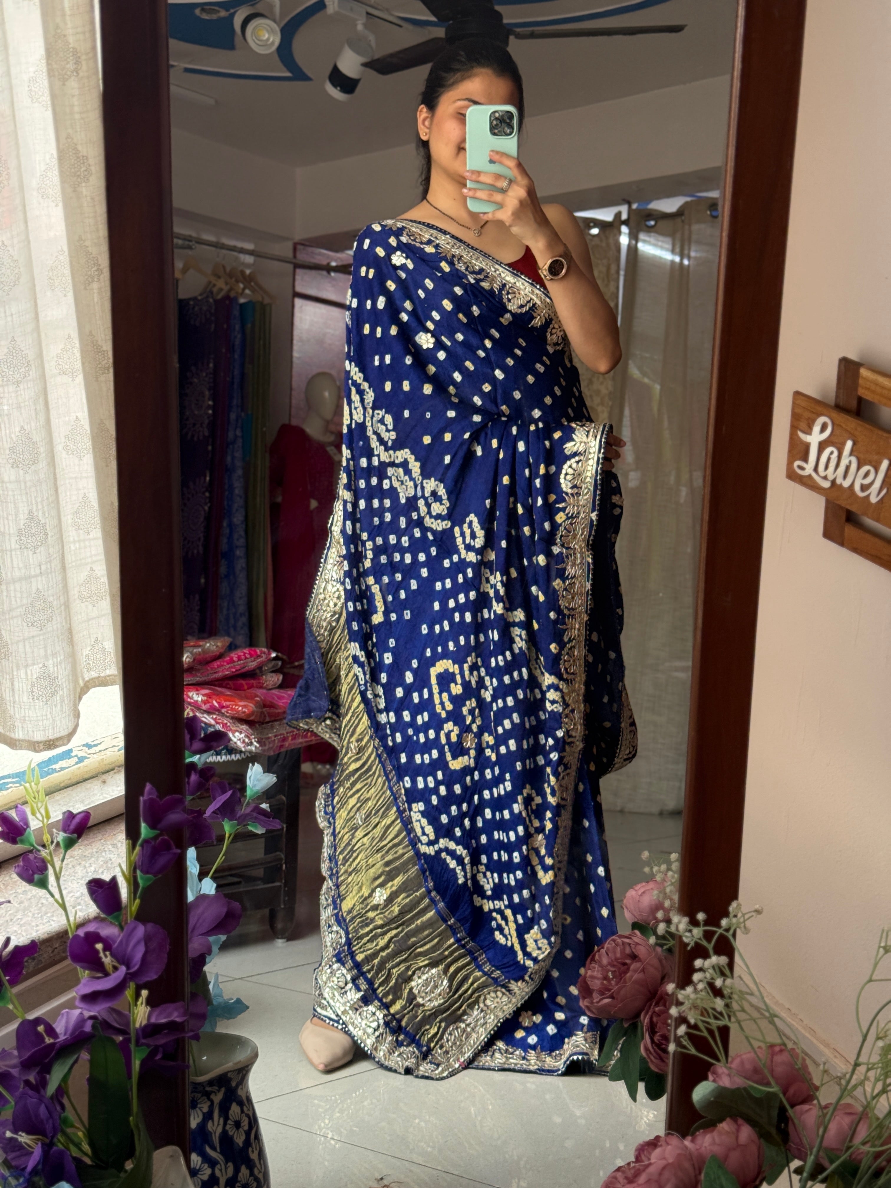 Royal Blue Pure Gaji Silk Bandhani Saree with Gotta Patti Handwork|Comes with blouse | Premium Handwork Saree