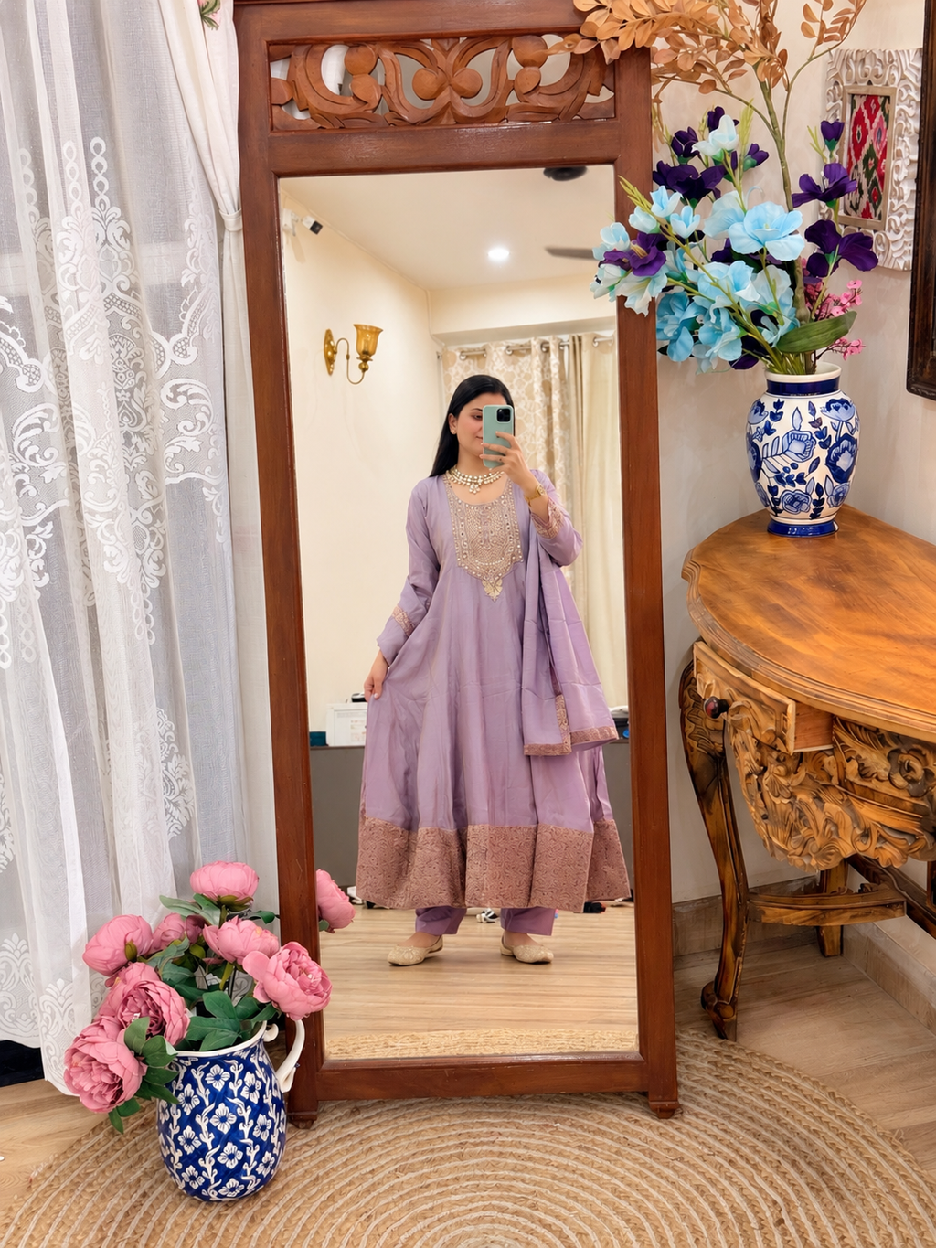 Tissue Shimmer Embroidered Anarkali Suit| with lining| Banarsi Border| Hand Embroidered