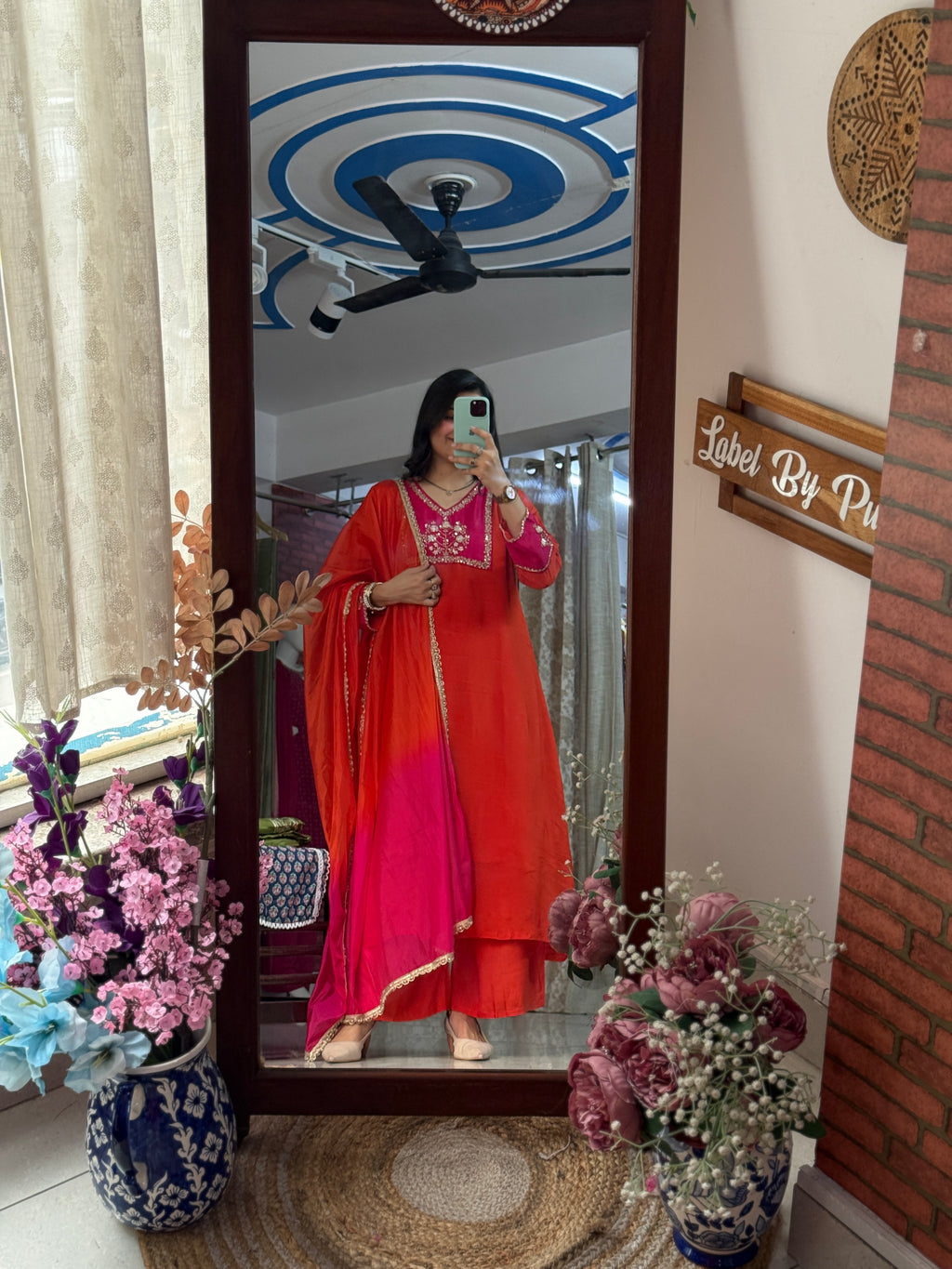 Pink Orange Chinon Suit Set with Hand Embroidered Neckline & Designer sleeves and bottom with dual tone Duppata with lacework