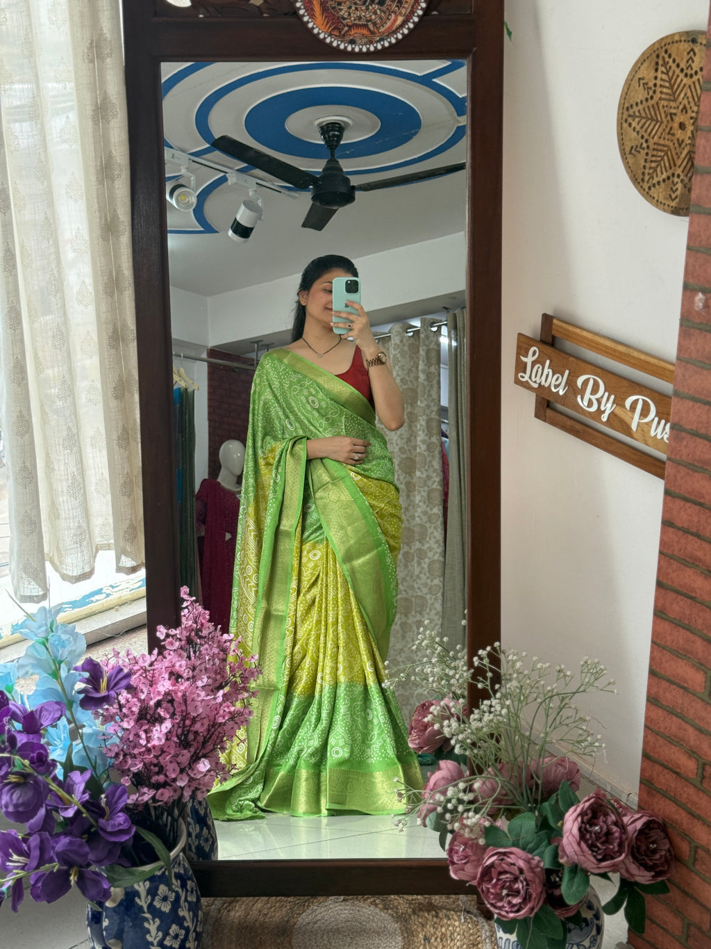 Green Yellow Bandhani Saree|  Woven border on both sides| With blouse| Self weave dola silk