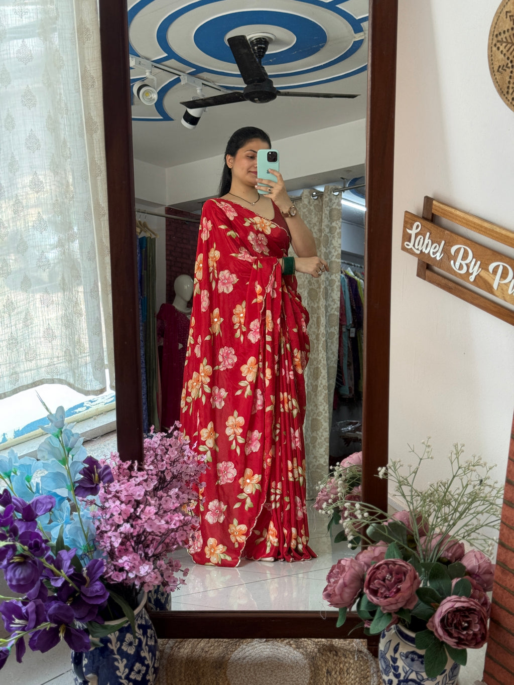 Red cutdana Saree|  scallop border| With blouse| Crepe Fabric| Heavy hand embroidery on pallu & pleates