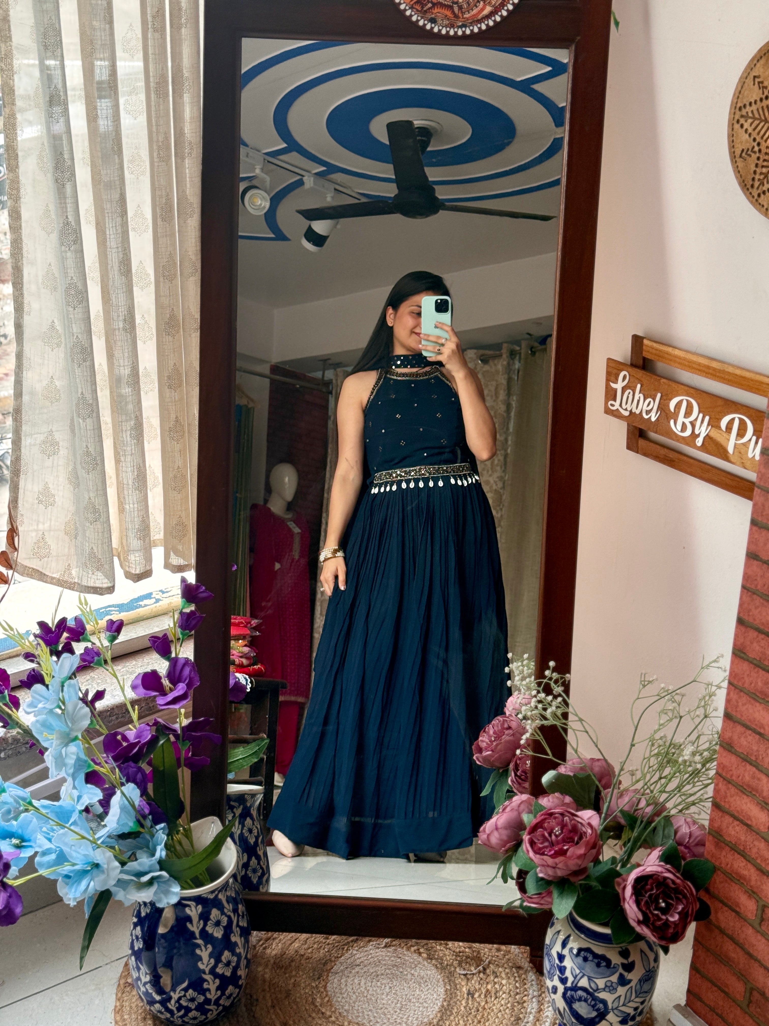 Blue Partywear Hand embroidered Dress| Extra sleeves| Comes with hand embroidered belt| Duppata for styling| Rakhi Special