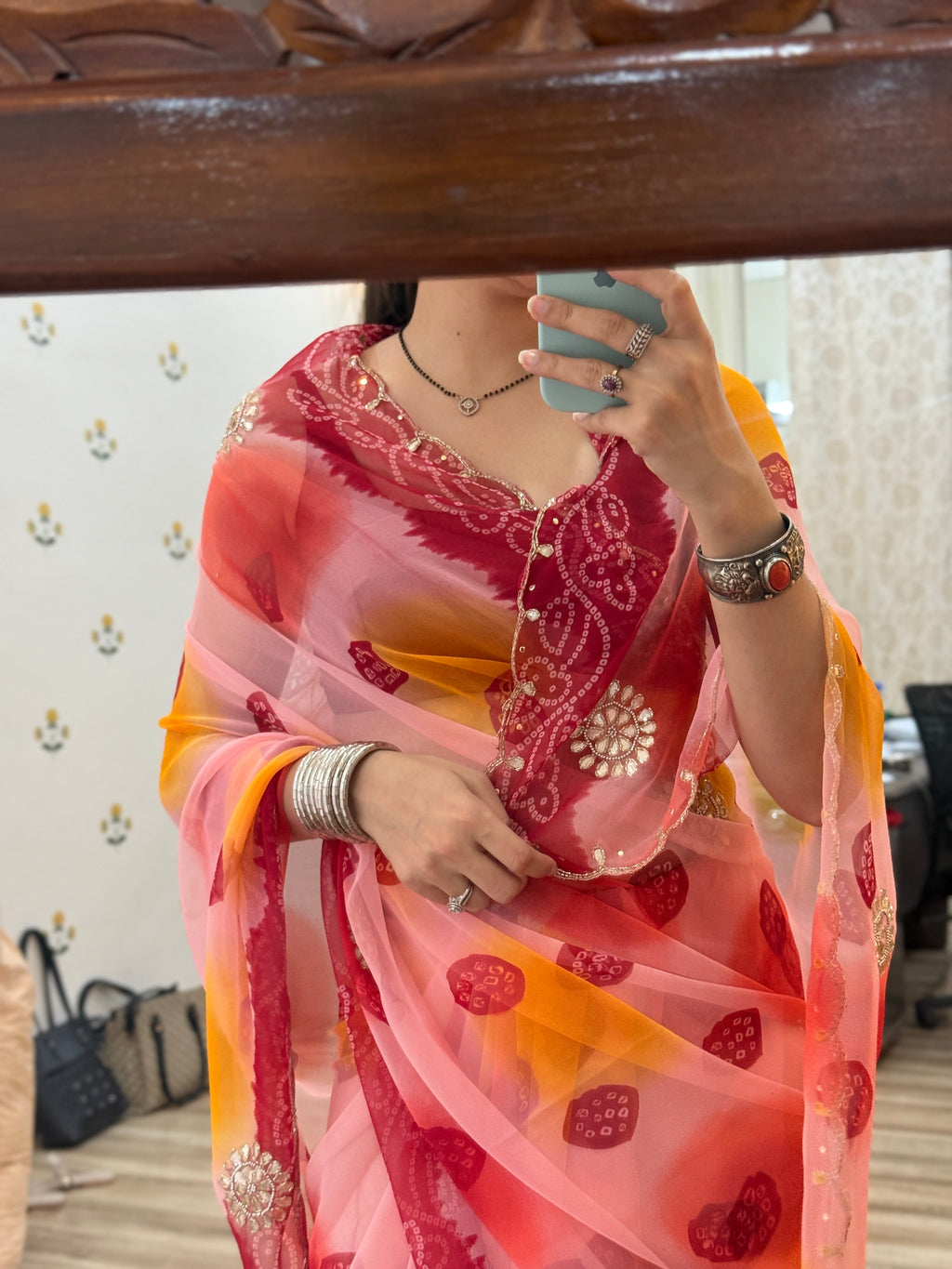 Dual tone |Pure Georgette Digital Printed Saree| Handwork cutdana detailing| Without blouse