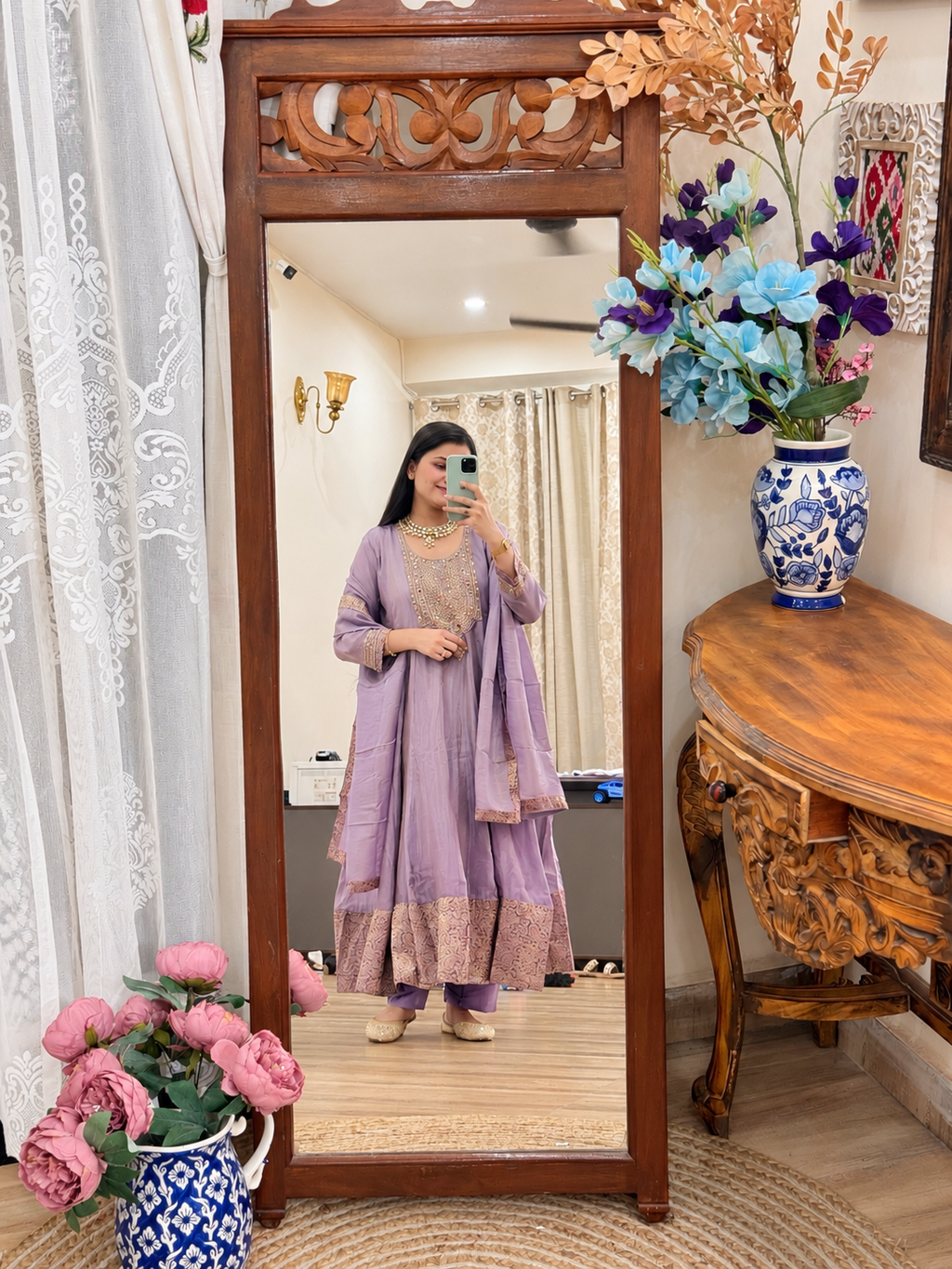 Tissue Shimmer Embroidered Anarkali Suit| with lining| Banarsi Border| Hand Embroidered