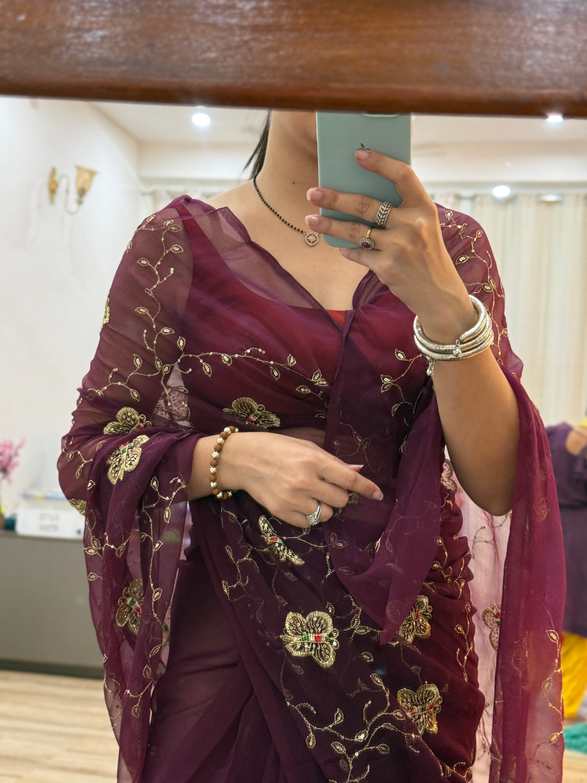 Wine Zari Embroidered| Georgette Sarees| Without Blouse