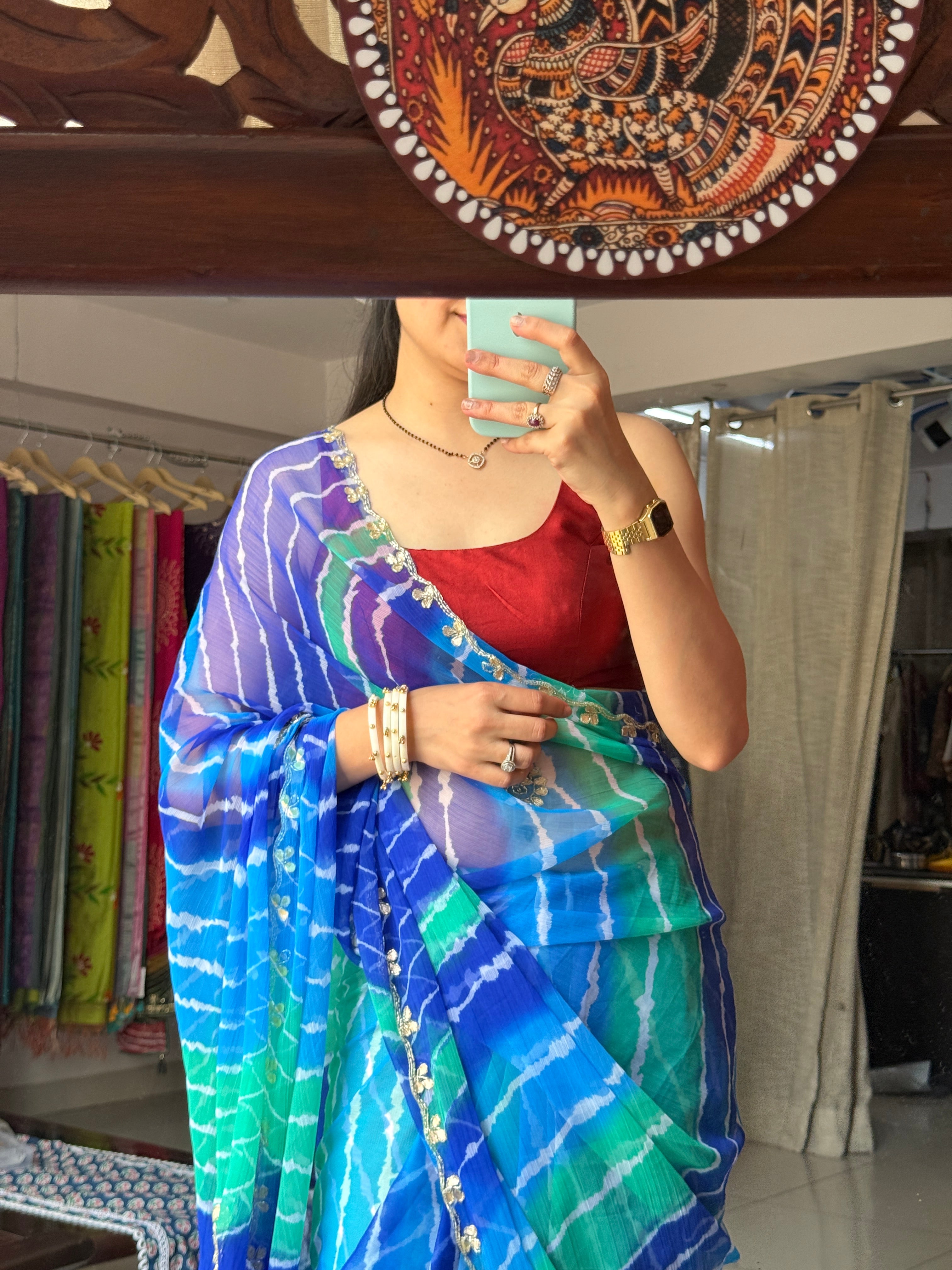 Blue Green Pure Georgette Handblock Digital Printed Saree| Handwork cutdana buta detailing| With blouse