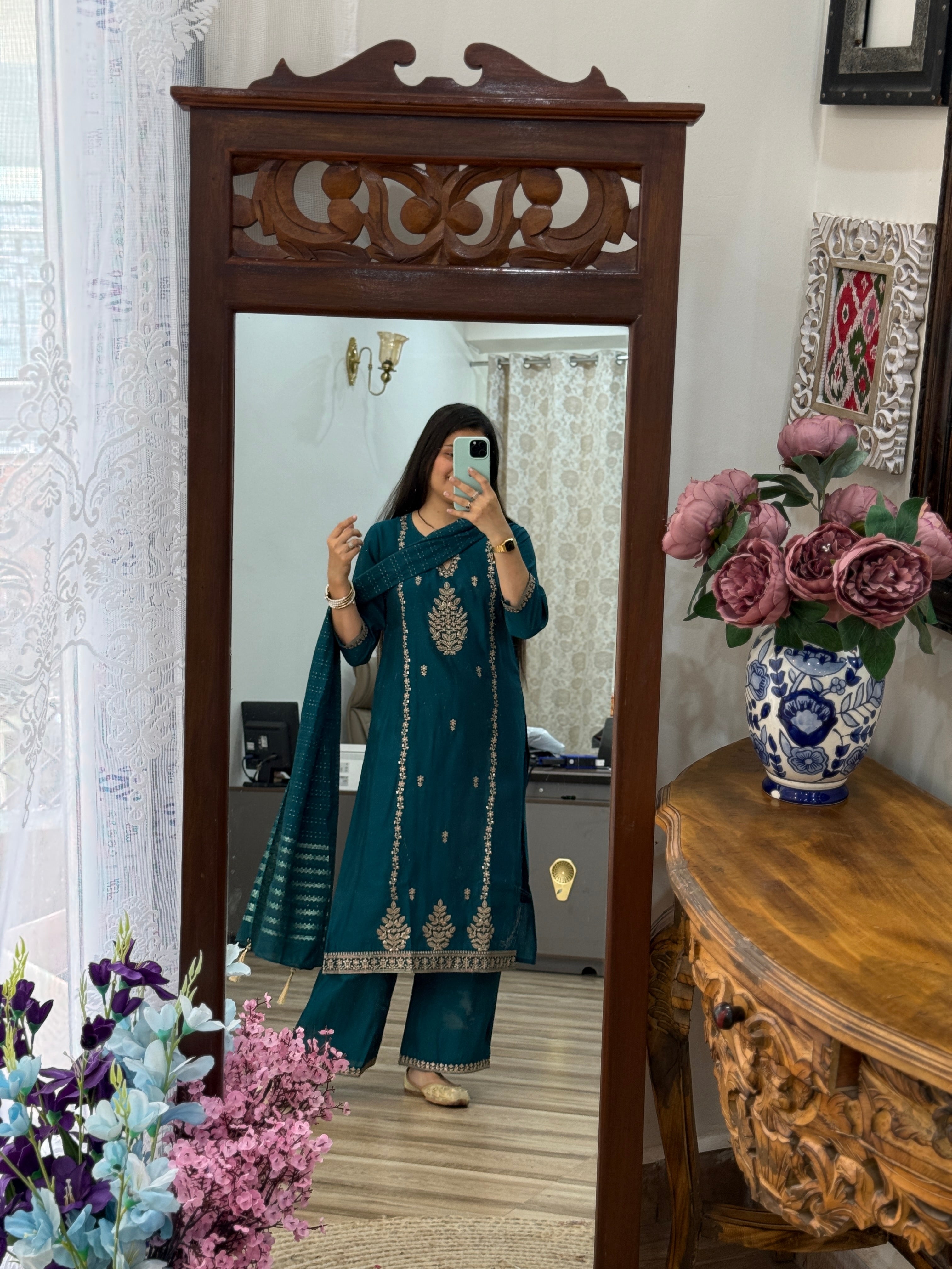 Peacock blue suit | With cotton lining| Embroidered| Stylish neckline