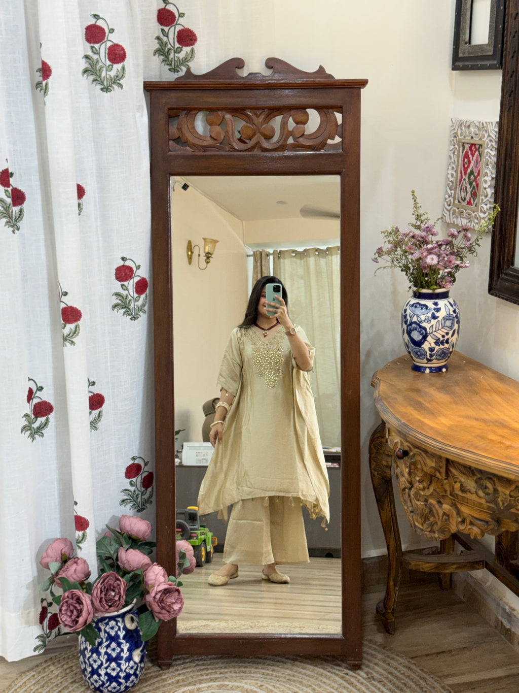 Crushed Tissue Partywear Kaftan Set| With cotton lining in top & bottom | Real mirror work