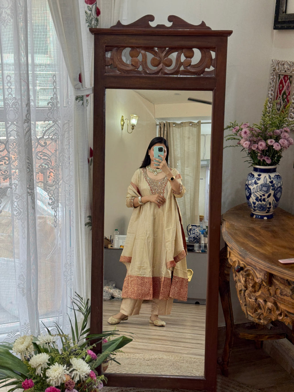 Tissue Shimmer Embroidered Anarkali Suit| with lining| Banarsi Border| Hand Embroidered