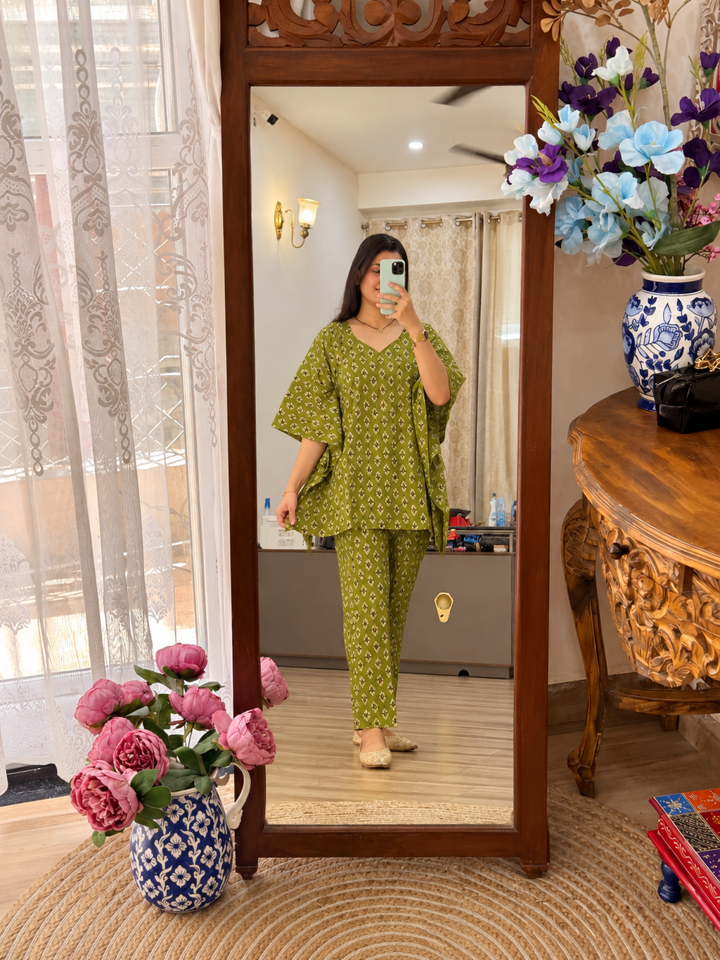 Pure Cotton Green Handblock Printed| kaftan Sets| Bottom with pocket