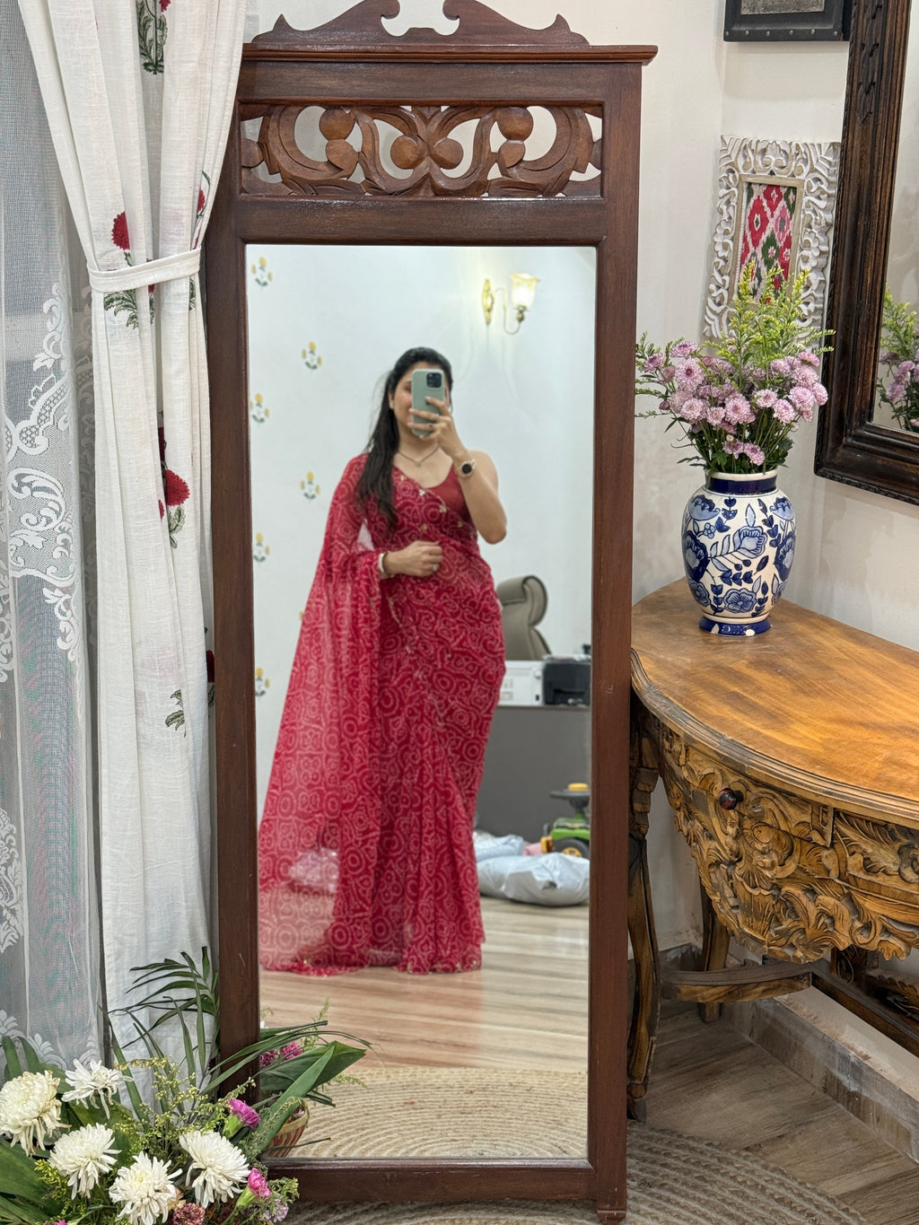 Crimson Red Leheriya  |Pure Georgette Digital Printed Saree| Handwork cutdana detailing| Without blouse