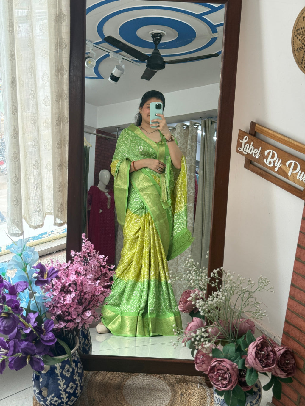 Green Yellow Bandhani Saree|  Woven border on both sides| With blouse| Self weave dola silk