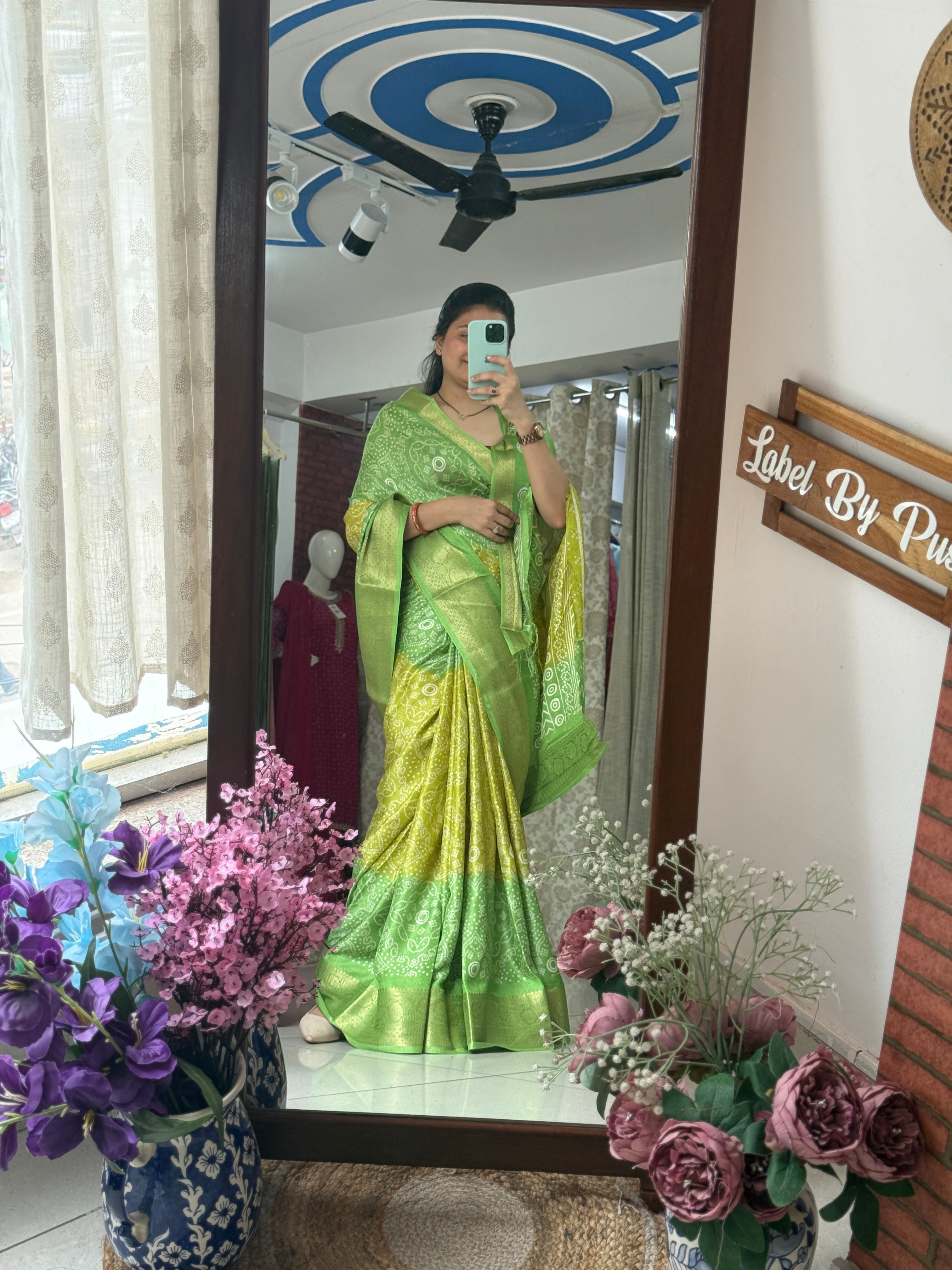 Green Yellow Bandhani Saree|  Woven border on both sides| With blouse| Self weave dola silk