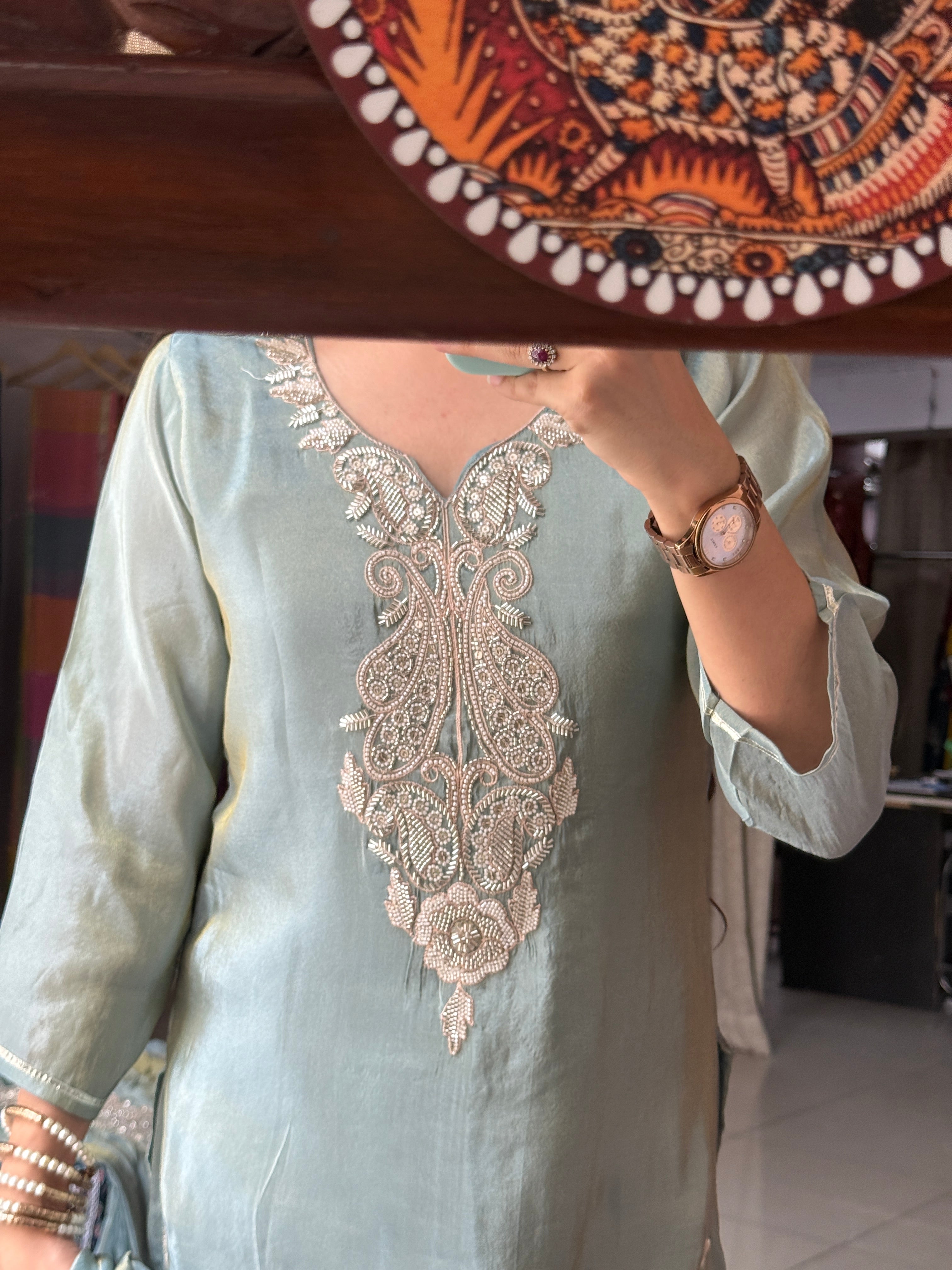 Shenaz Tissue Shimmer Set with cutwork embroidered palzo pant and Duppata| lining| Hand Designer Set