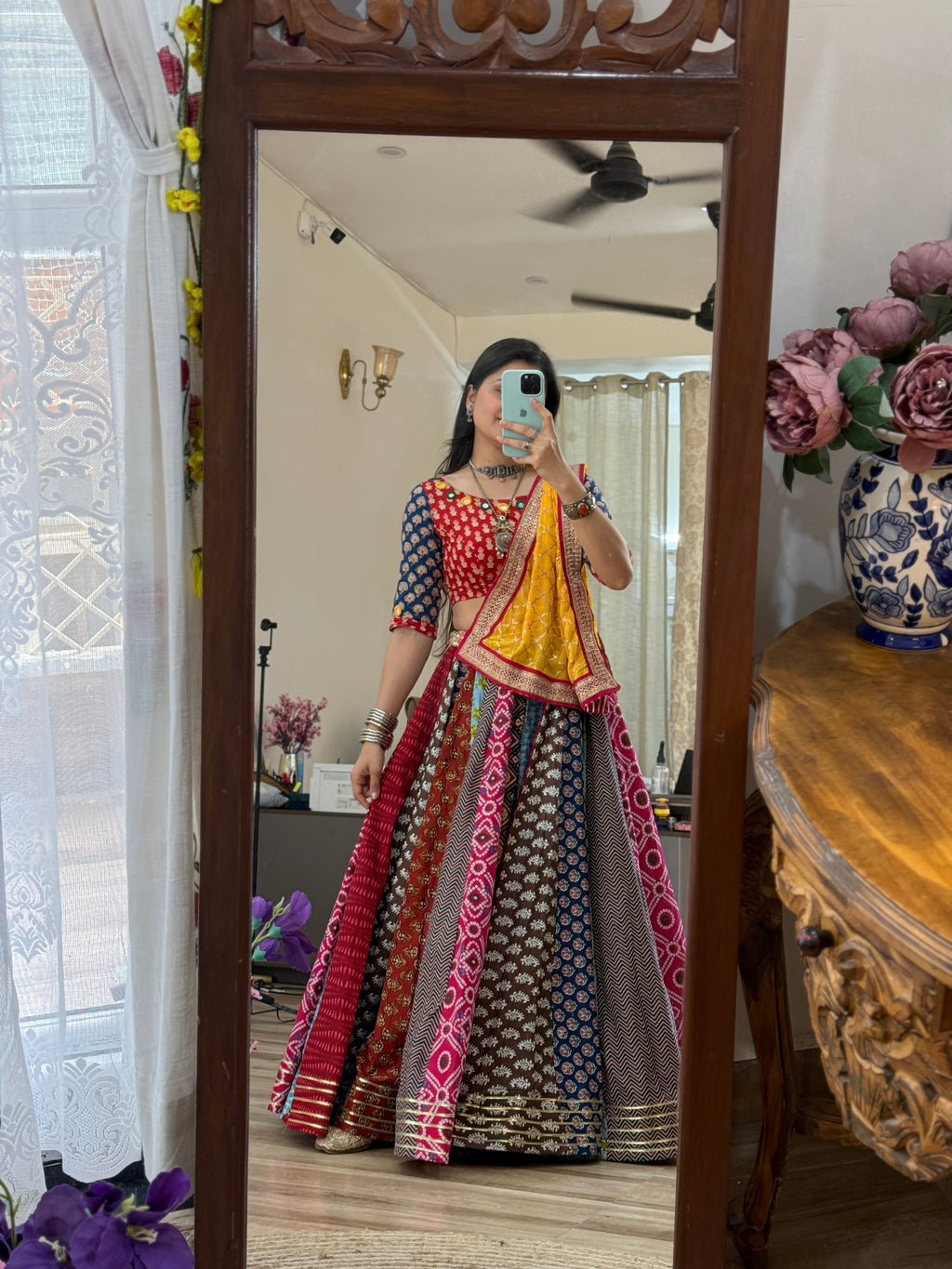 Garba Skirt| Cotton Block Printed Fabric| With inner| Gota pattiwork | 9-10 meters flair