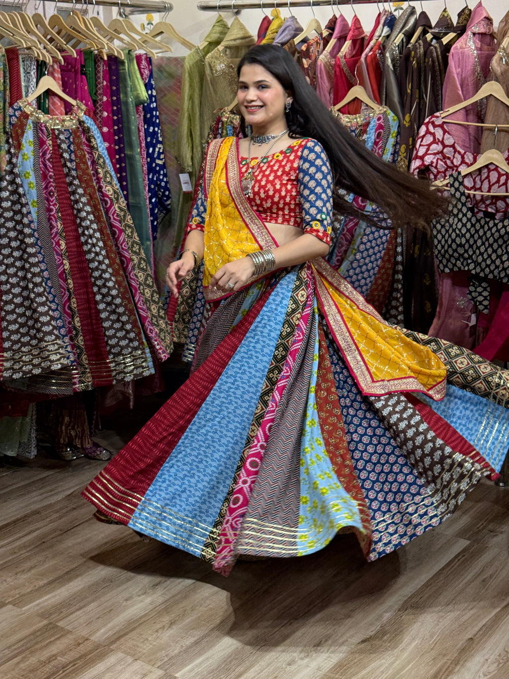 Garba Skirt| Cotton Block Printed Fabric| With inner| Gota pattiwork | 9-10 meters flair