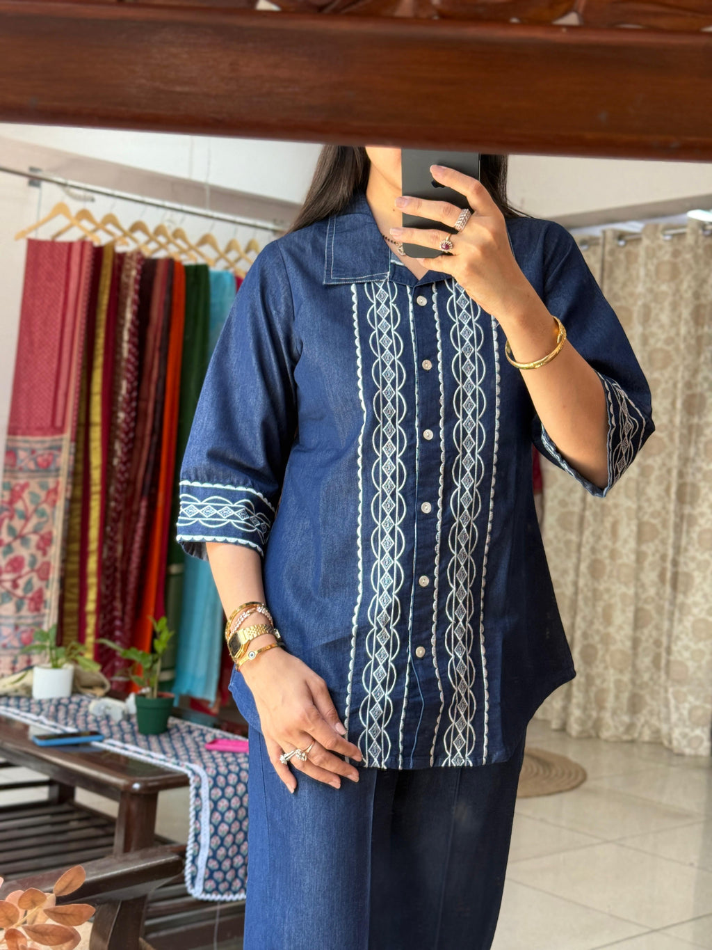 Navy Blue Embroidered Co-Ord Set for Women | Cotton Two-Piece Ethnic Set