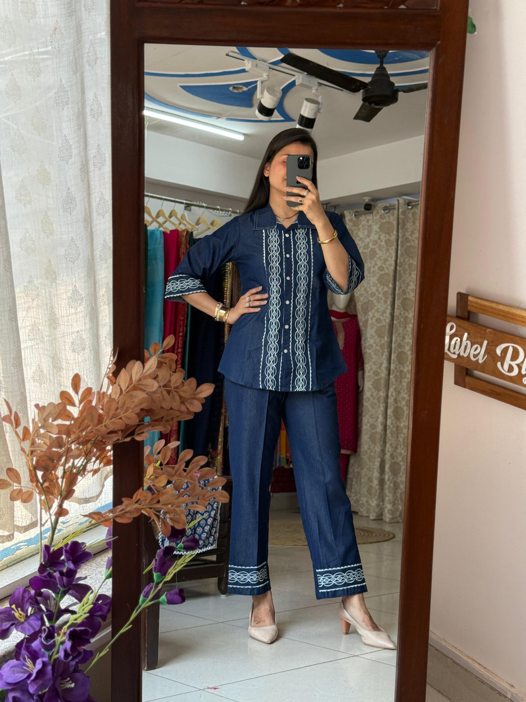 Navy Blue Embroidered Co-Ord Set for Women | Cotton Two-Piece Ethnic Set