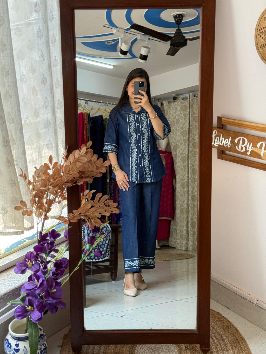 Navy Blue Embroidered Co-Ord Set for Women | Cotton Two-Piece Ethnic Set