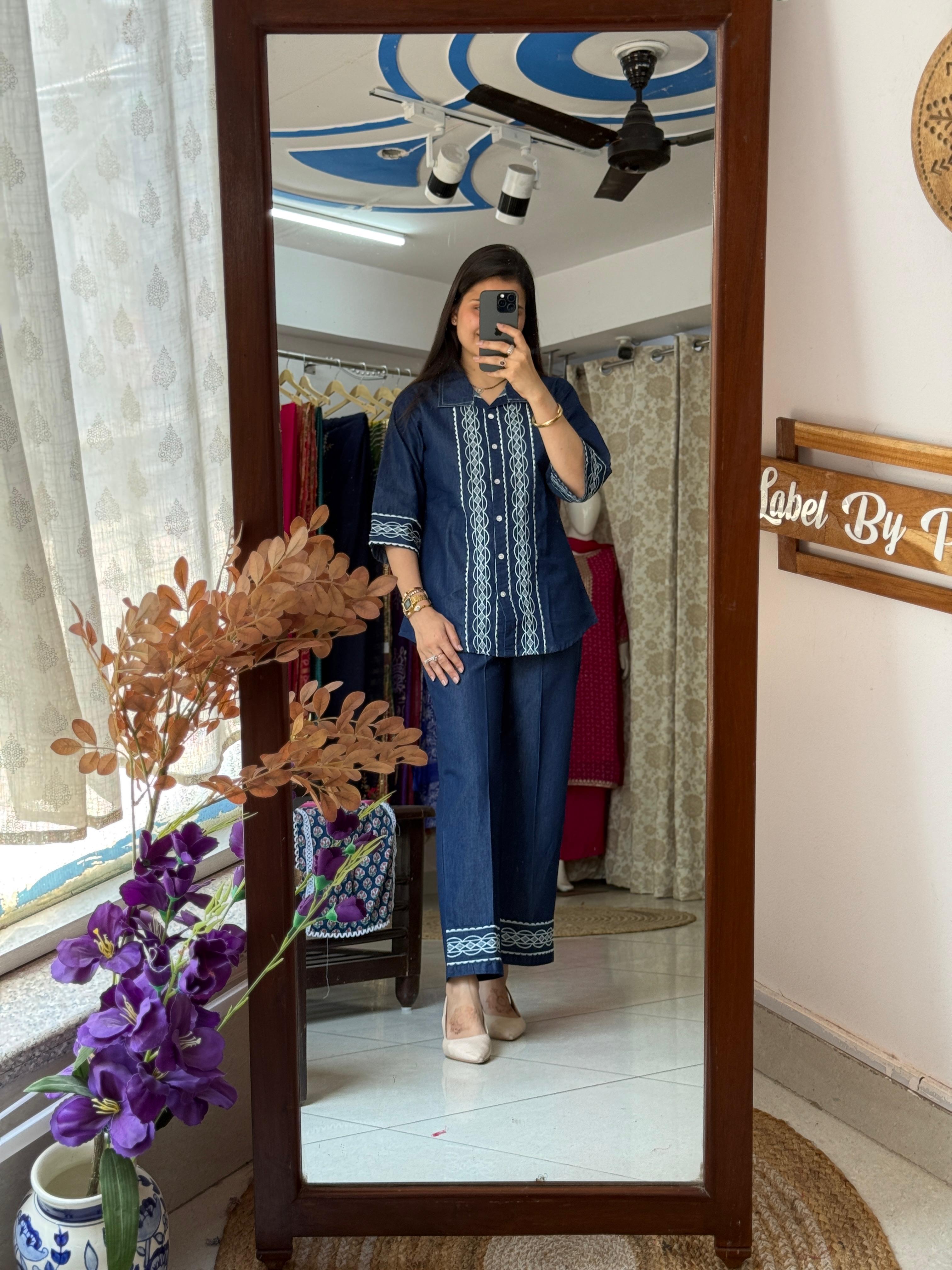 Navy Blue Embroidered Co-Ord Set for Women | Cotton Two-Piece Ethnic Set