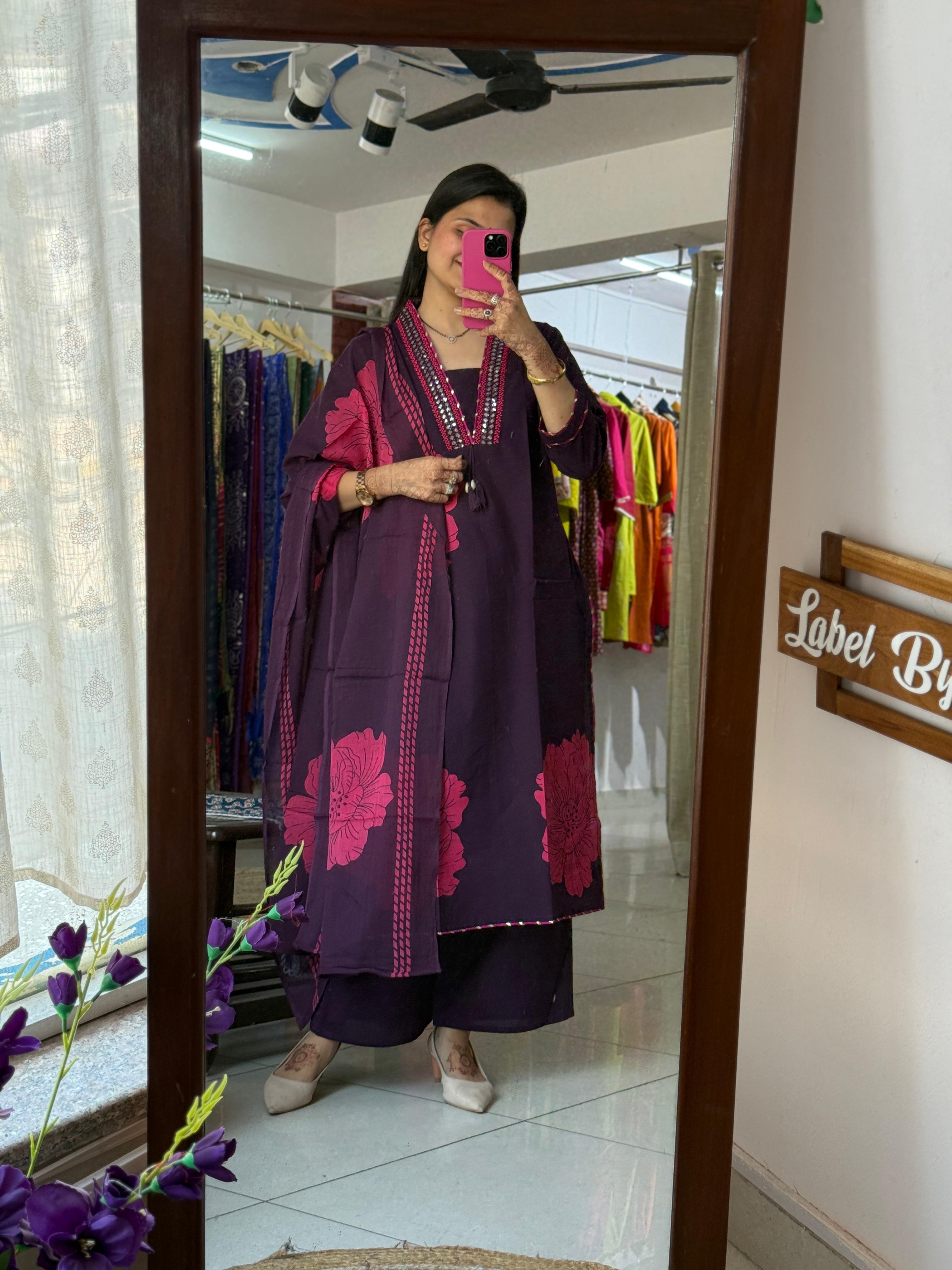 Purple Gota Patti Suit Set for Women | Floral Printed Ethnic Suit with Dupatta
