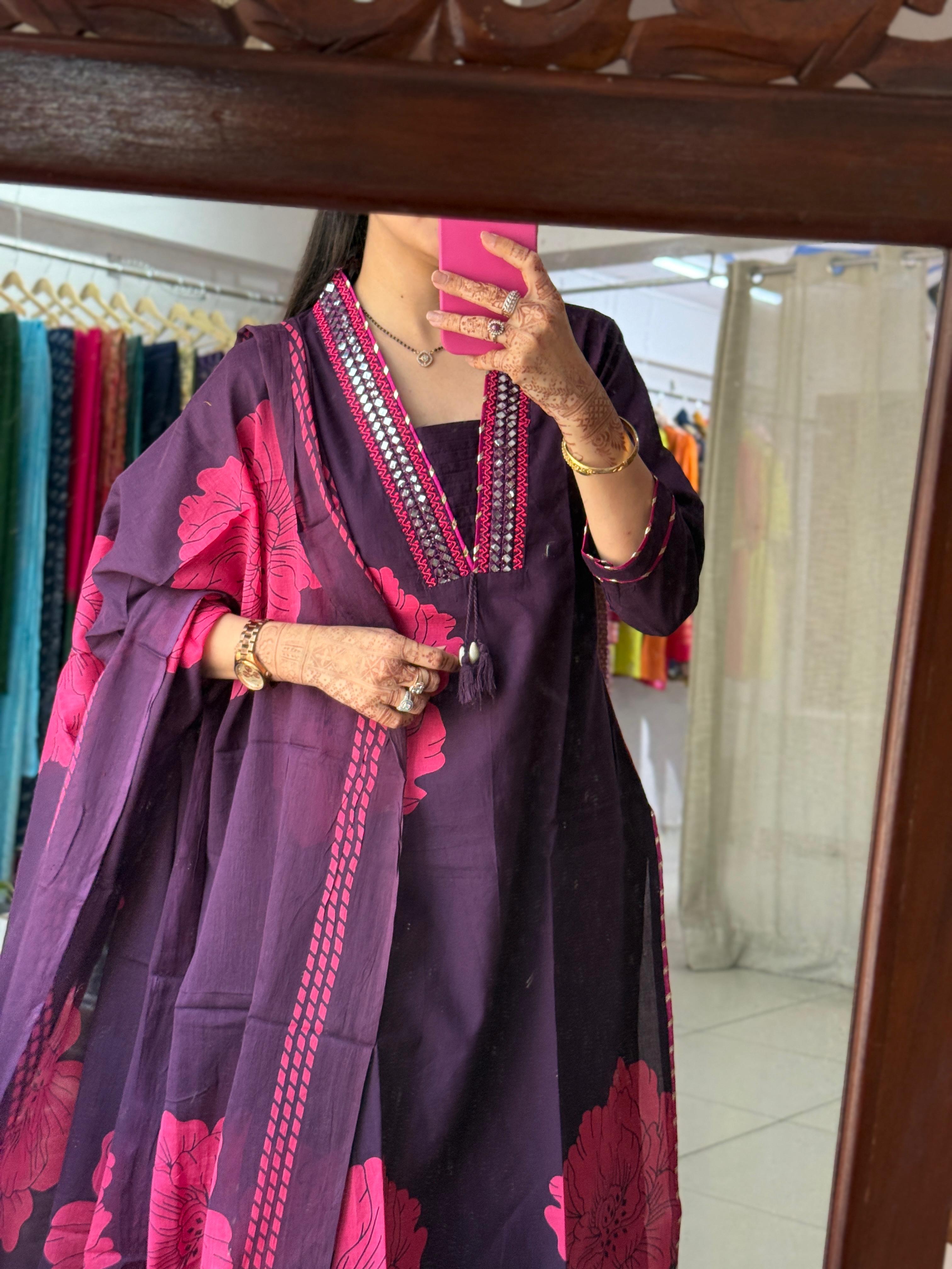 Purple Gota Patti Suit Set for Women | Floral Printed Ethnic Suit with Dupatta