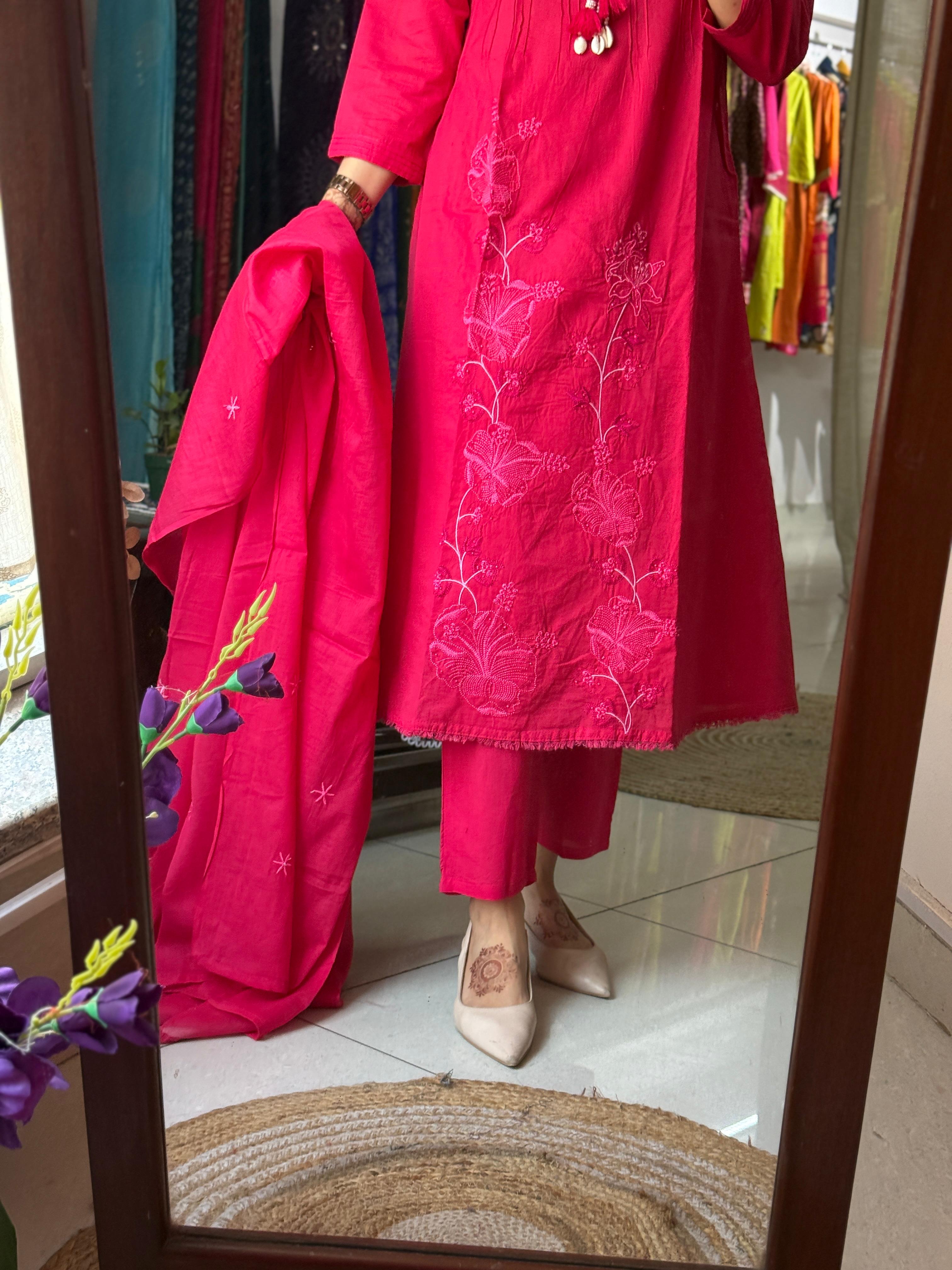 Pink Mul Cotton Suit Set for Women | Embroidered Ethnic Suit with Dupatta