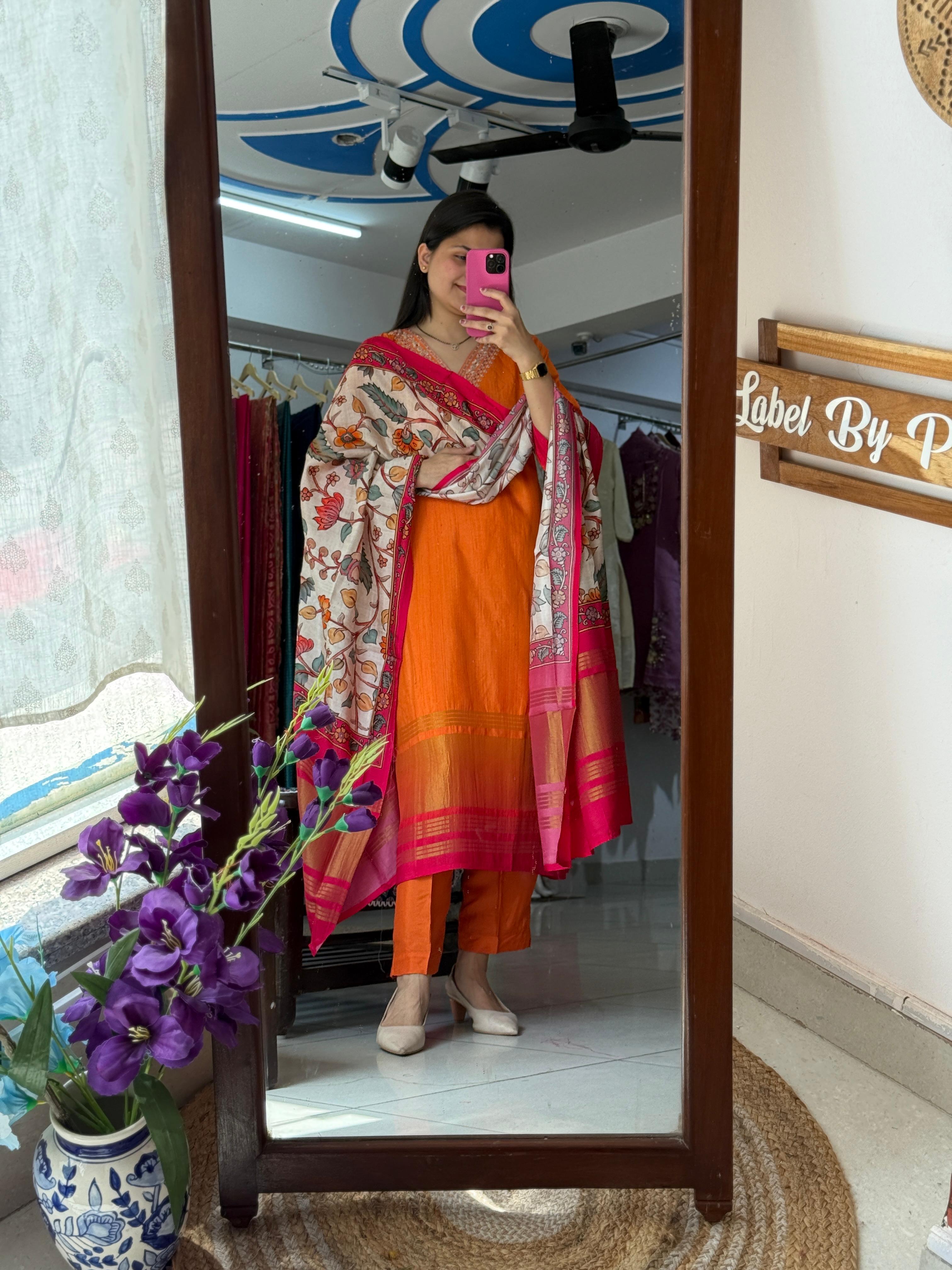 Orange Gajji Silk Suit Set for Women | Designer Ethnic Suit with Printed Dupatta