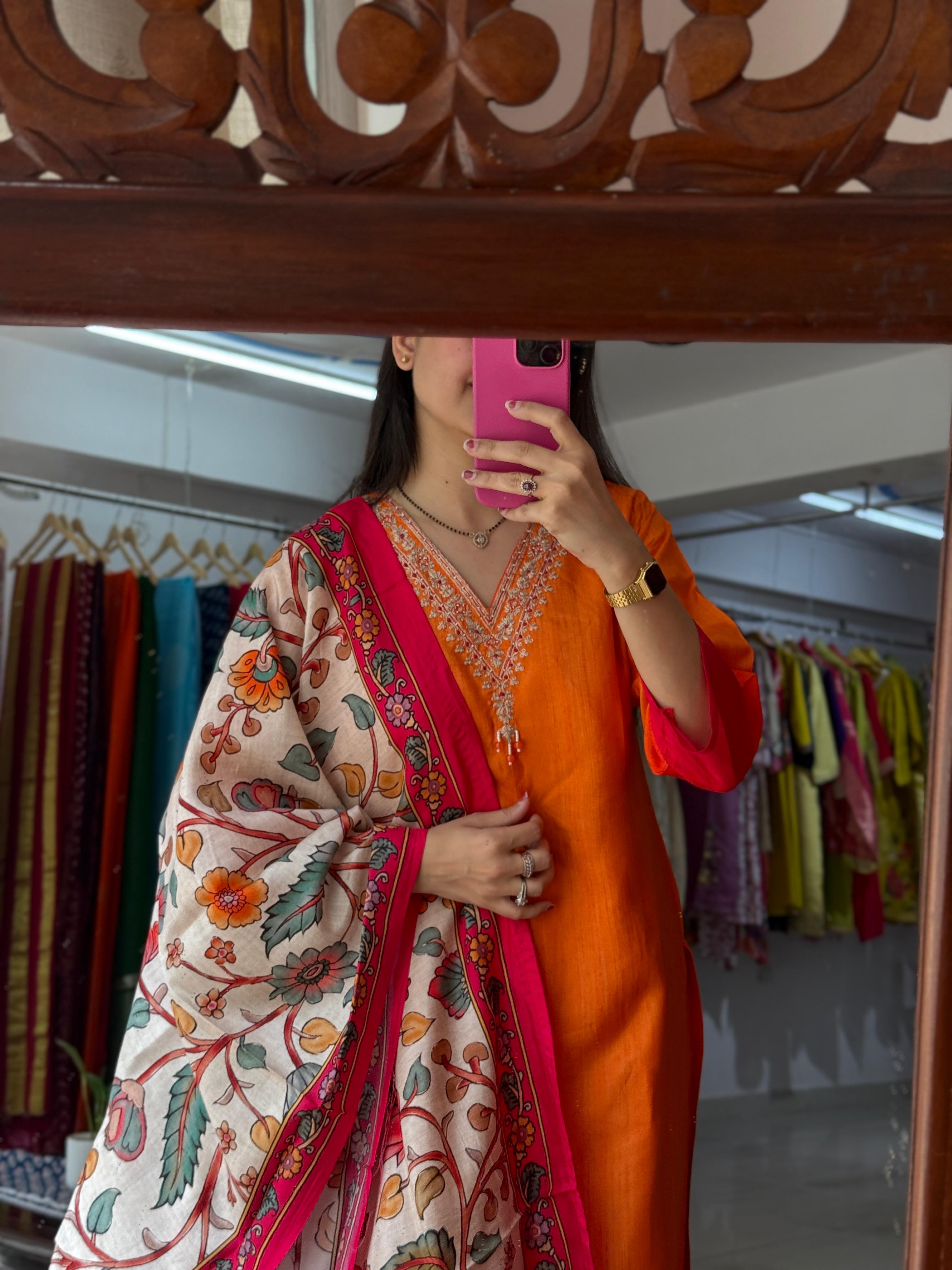 Orange Gajji Silk Suit Set for Women | Designer Ethnic Suit with Printed Dupatta