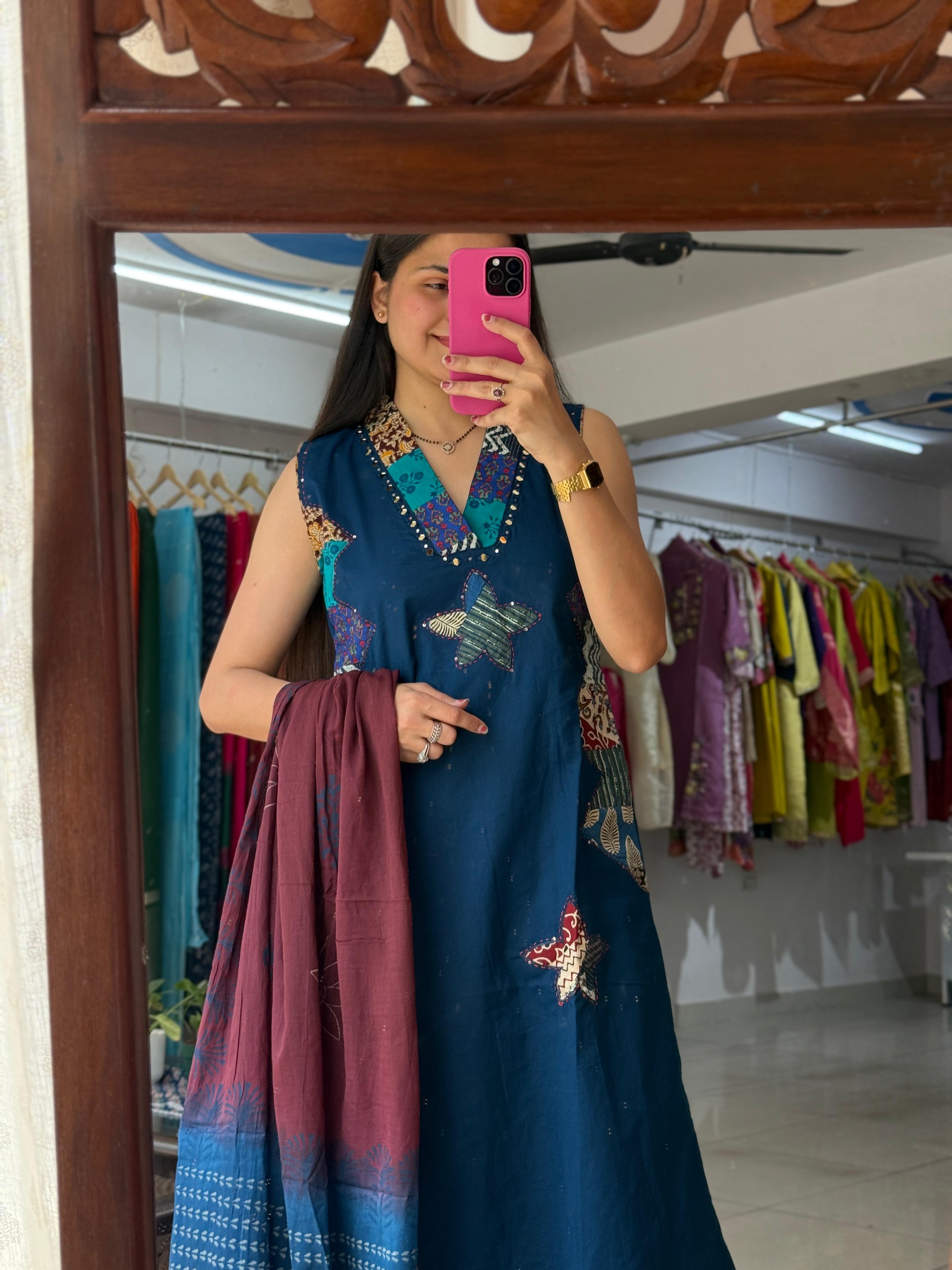 Blue Patchwork Suit Set for Women | Sleeveless Cotton Ethnic Suit Set