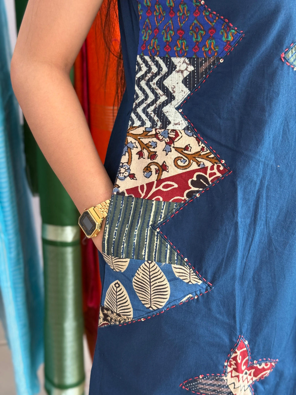 Blue Patchwork Suit Set for Women | Sleeveless Cotton Ethnic Suit Set