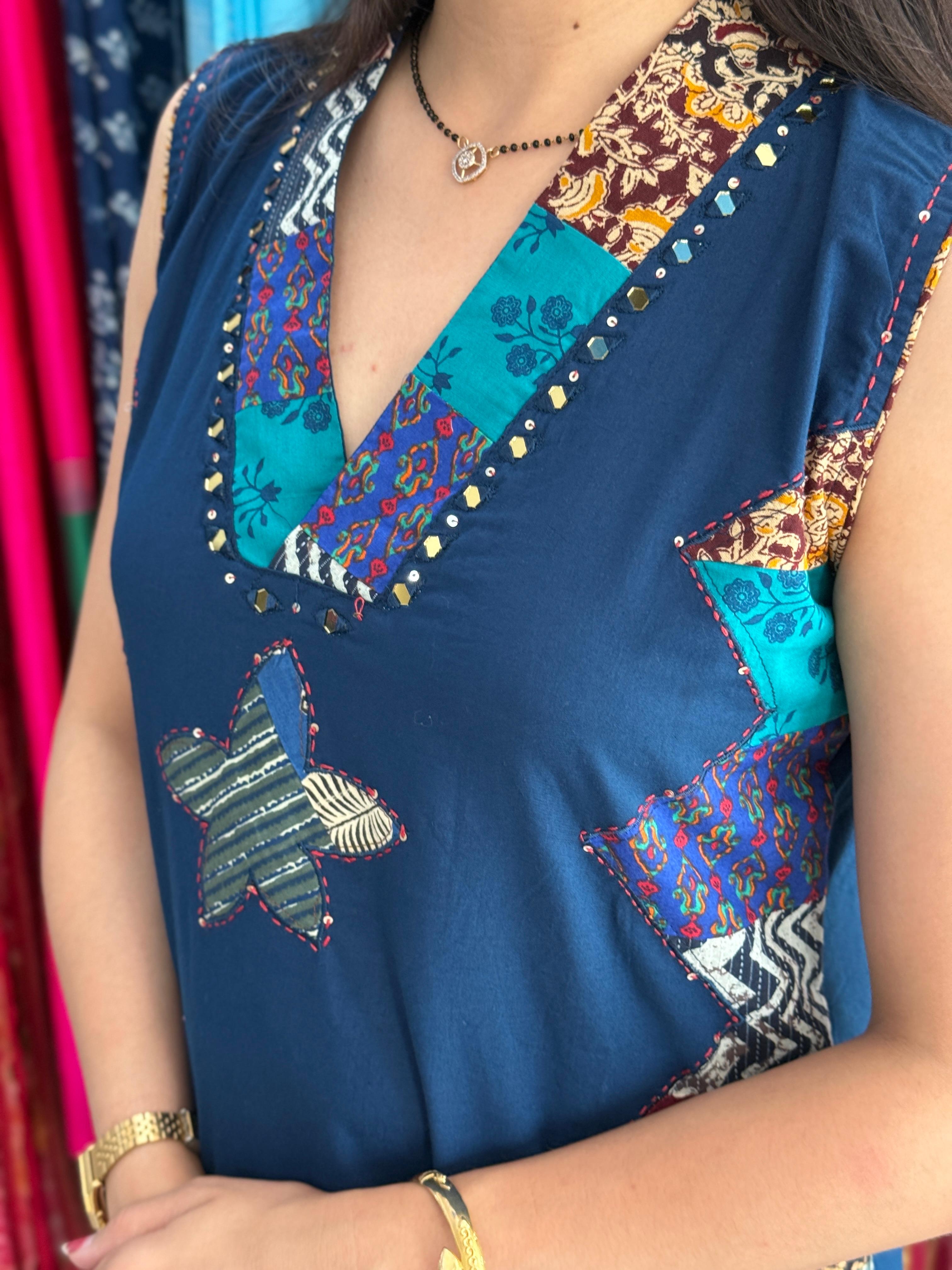 Blue Patchwork Suit Set for Women | Sleeveless Cotton Ethnic Suit Set