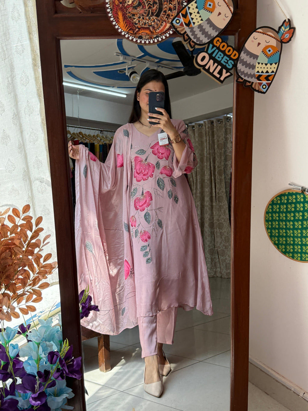 Handpainted Chinon Suit Set for Women | Pink Floral Designer Suit with Dupatta