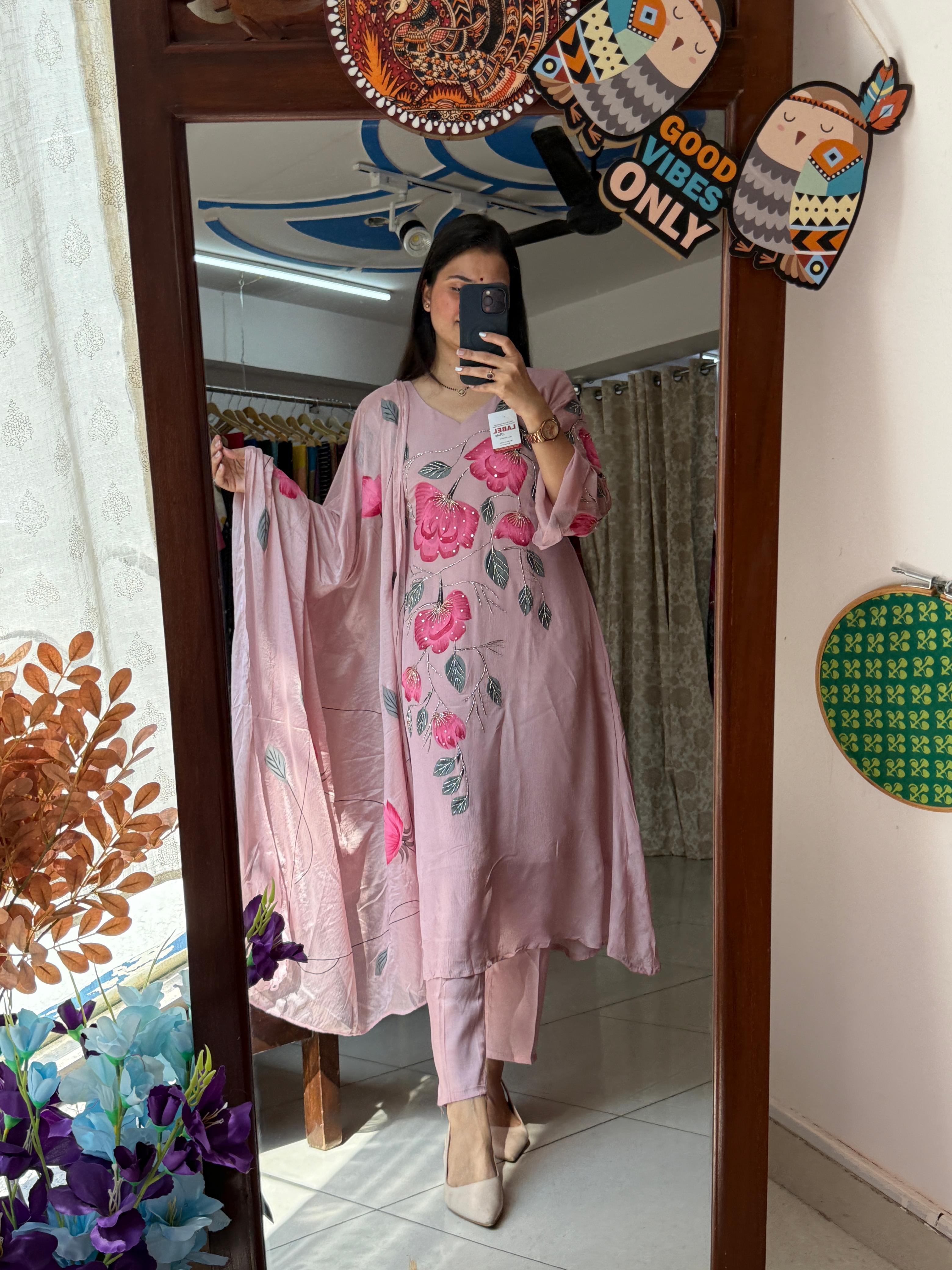 Handpainted Chinon Suit Set for Women | Pink Floral Designer Suit with Dupatta