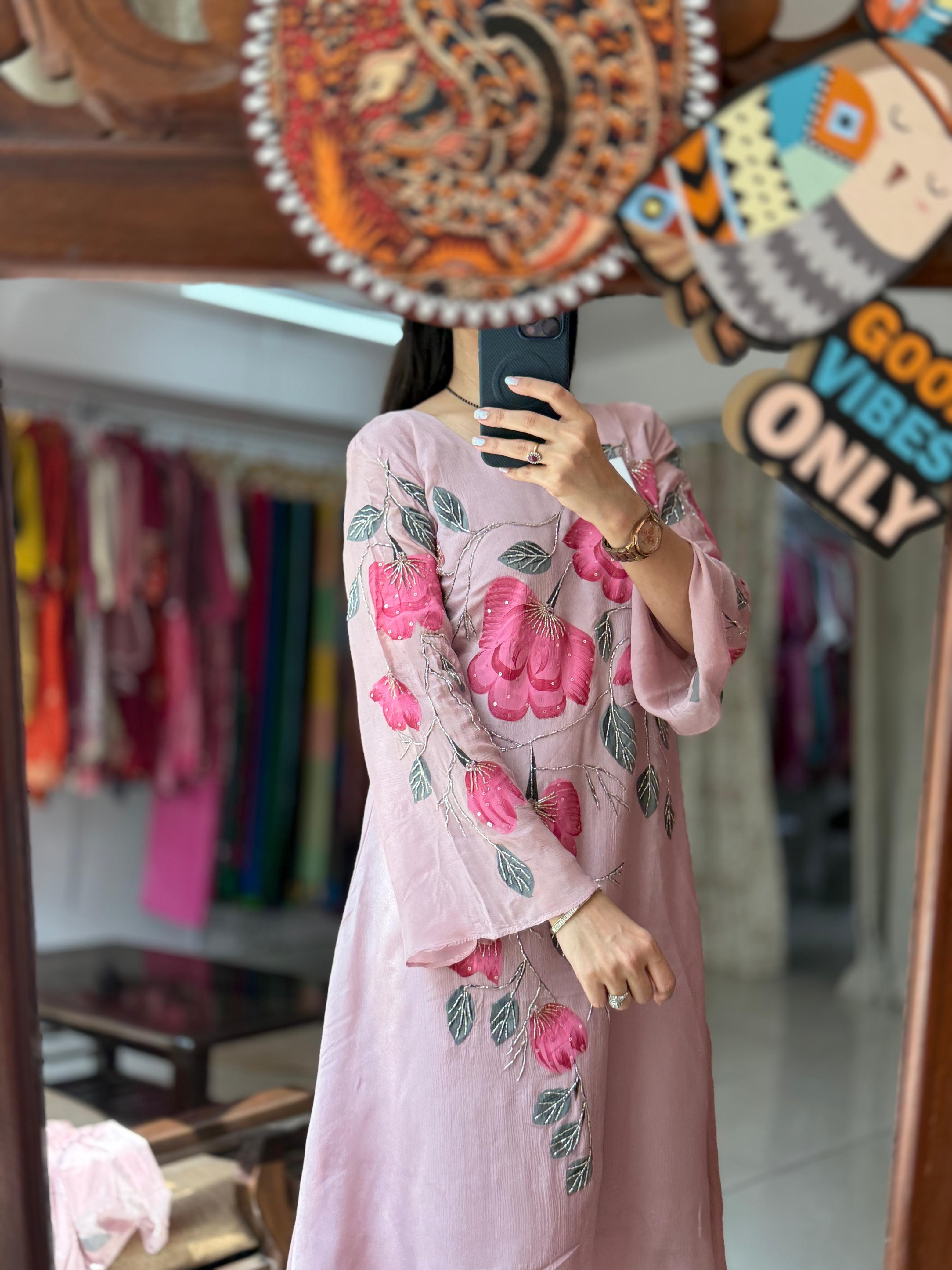 Handpainted Chinon Suit Set for Women | Pink Floral Designer Suit with Dupatta