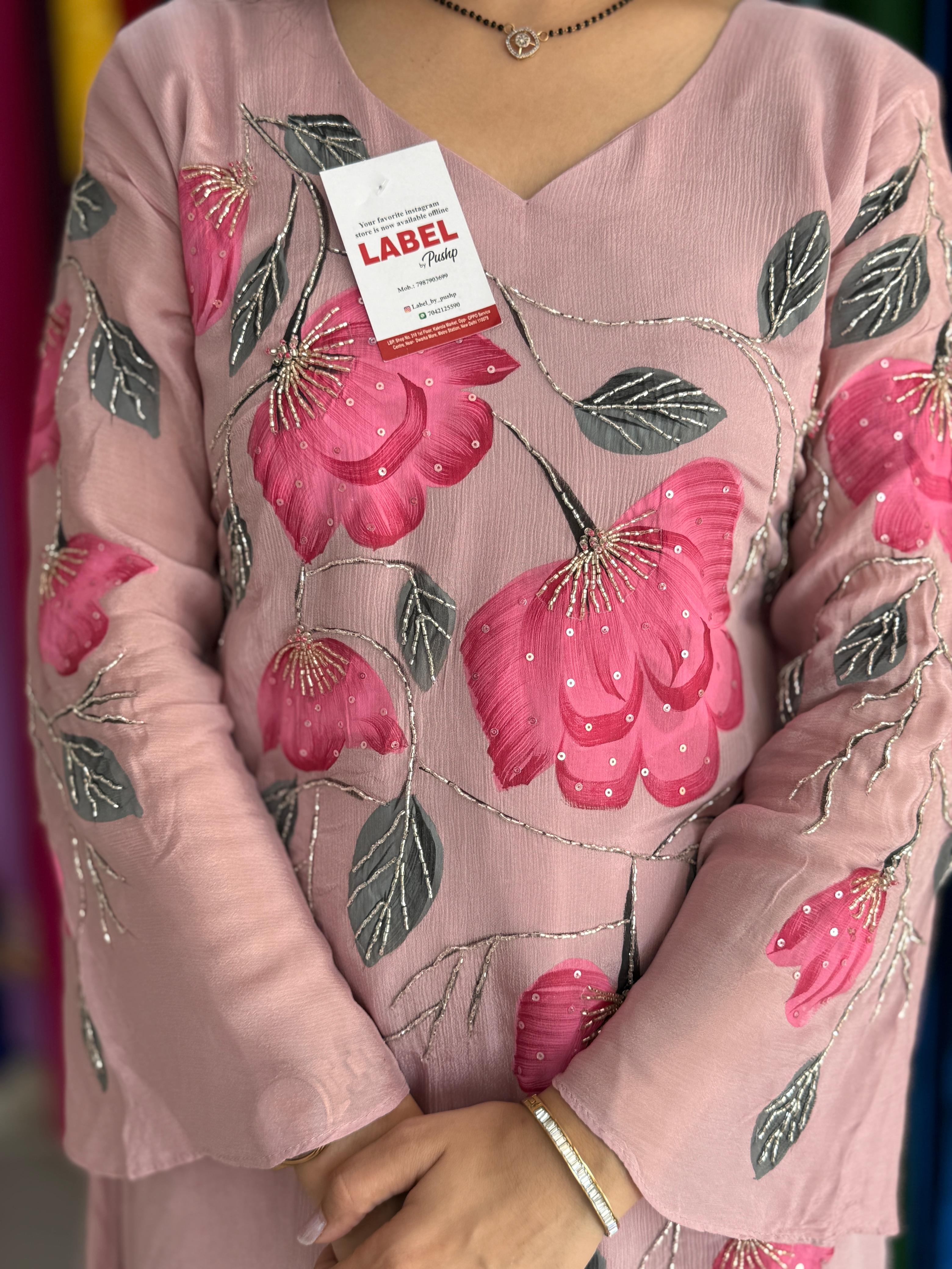 Handpainted Chinon Suit Set for Women | Pink Floral Designer Suit with Dupatta