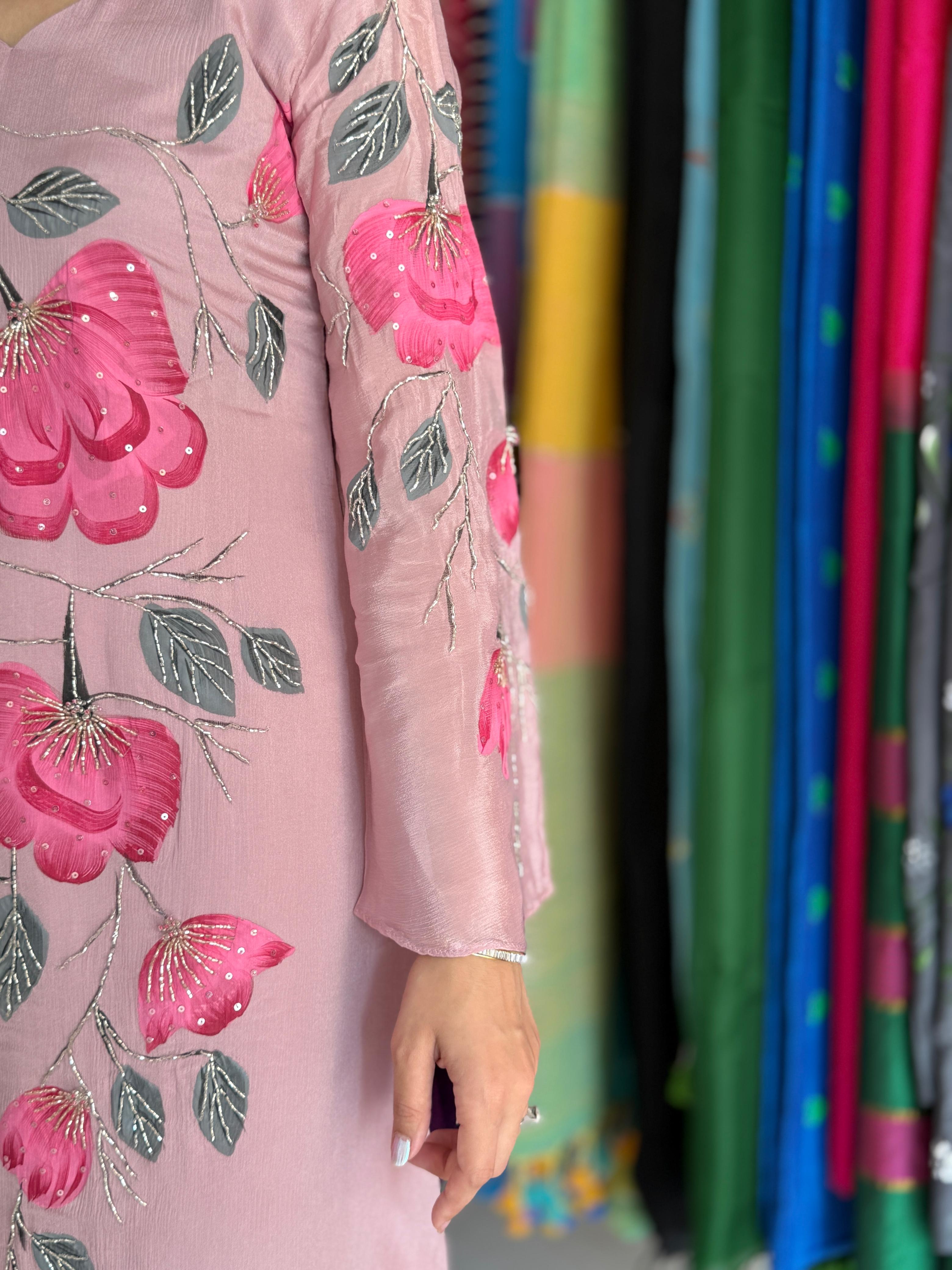Handpainted Chinon Suit Set for Women | Pink Floral Designer Suit with Dupatta