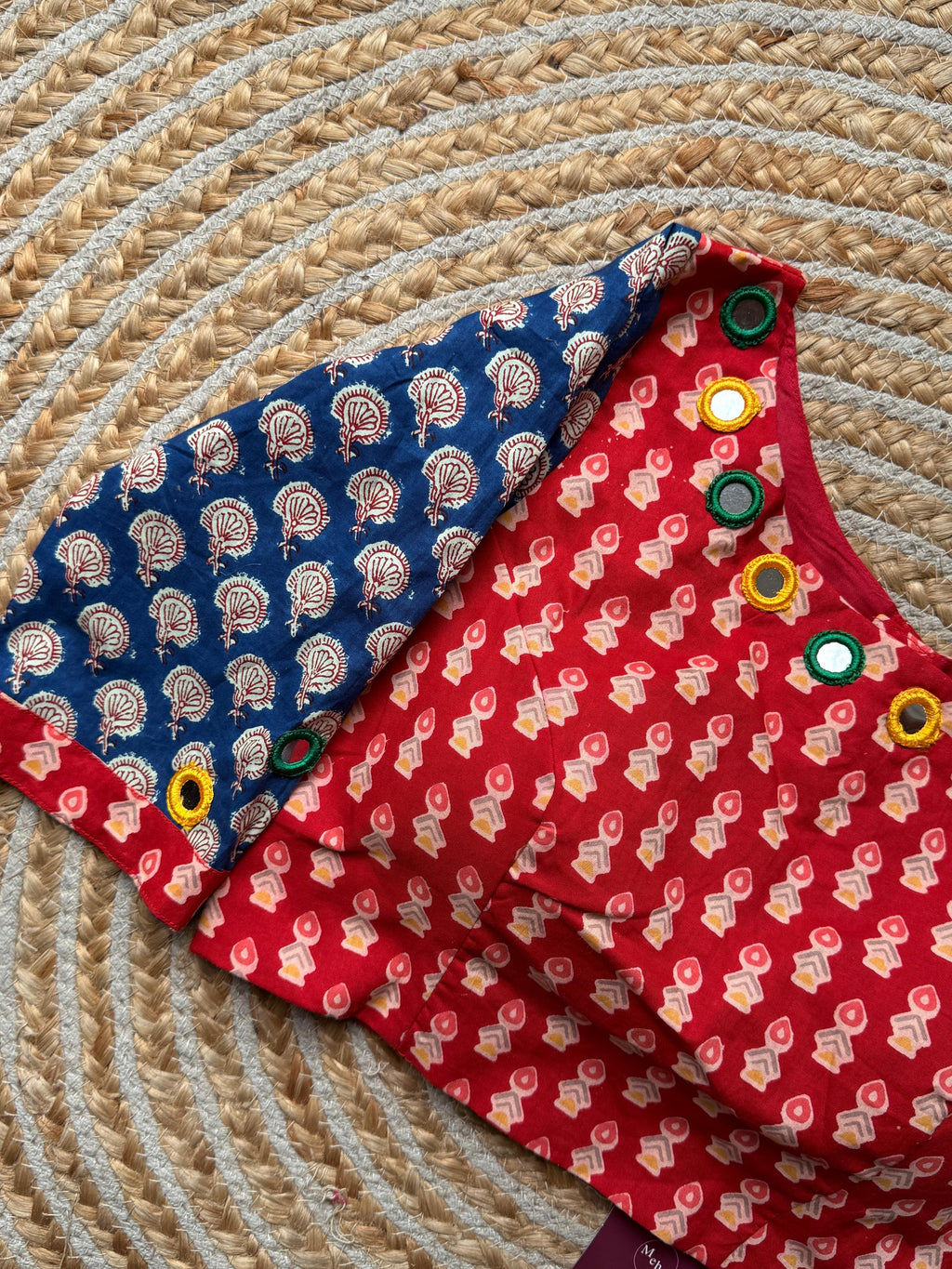 Red Blue Mirror Work Blouse for Women | Printed Designer Ethnic Blouse