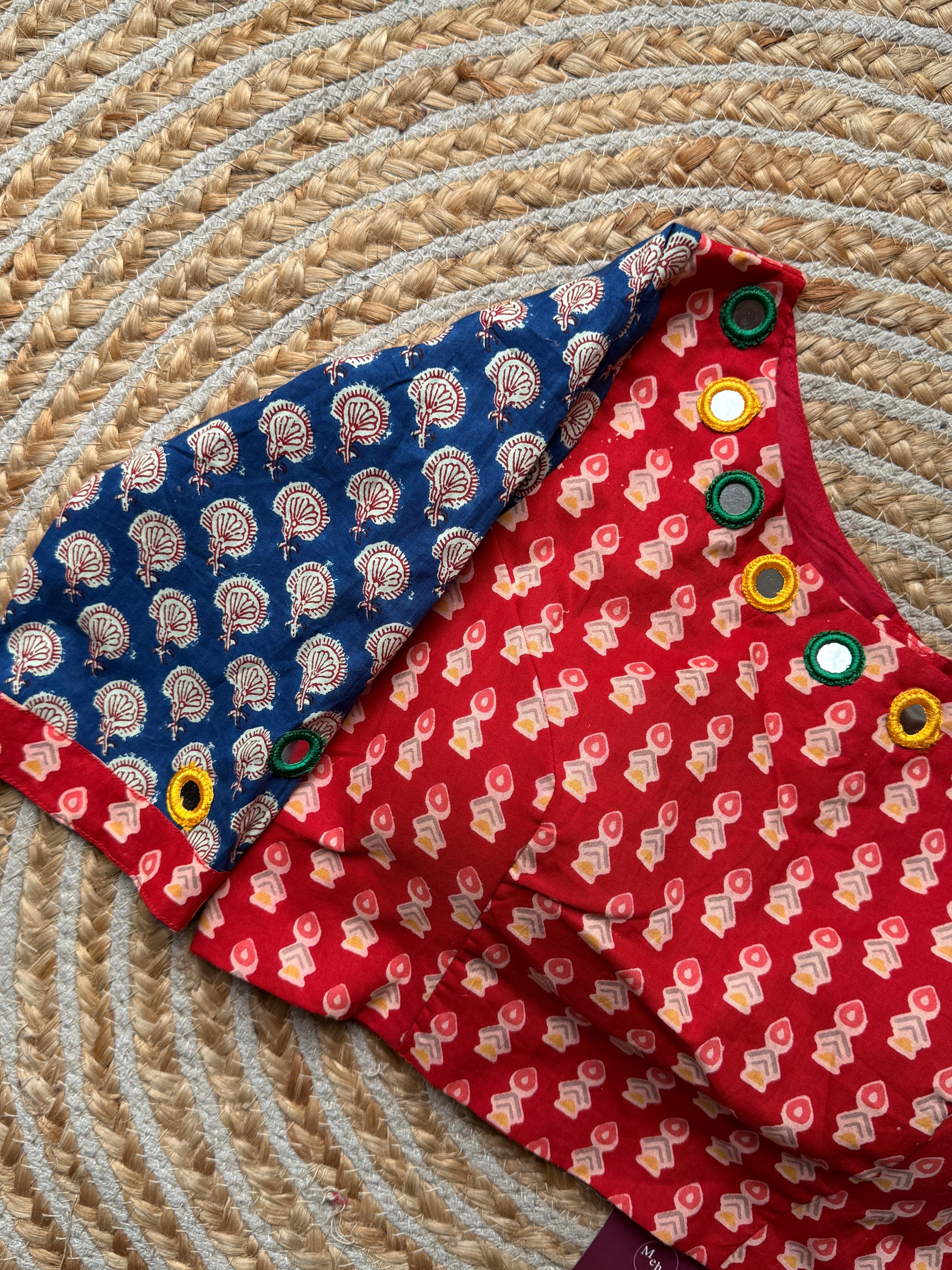 Red Blue Mirror Work Blouse for Women | Printed Designer Ethnic Blouse