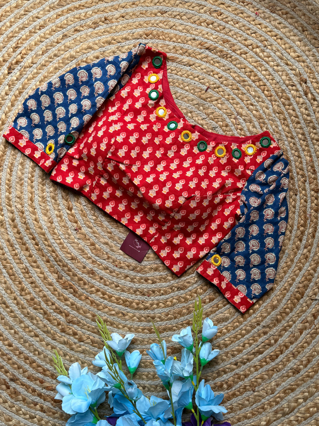 Red Blue Mirror Work Blouse for Women | Printed Designer Ethnic Blouse