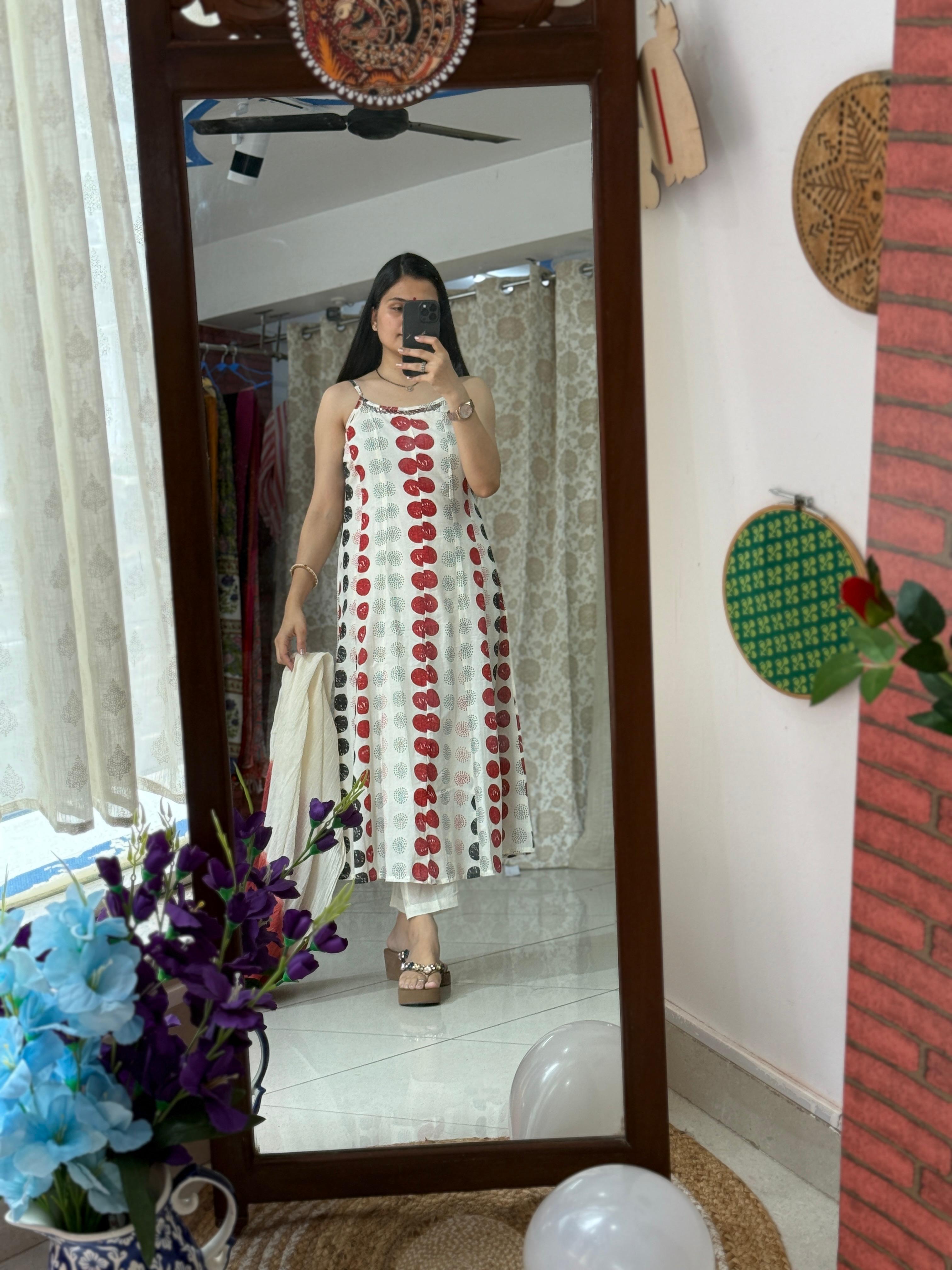 White Polka Dot Printed Cotton Suit Set for Women with Matching Dupatta | Label By Pushp